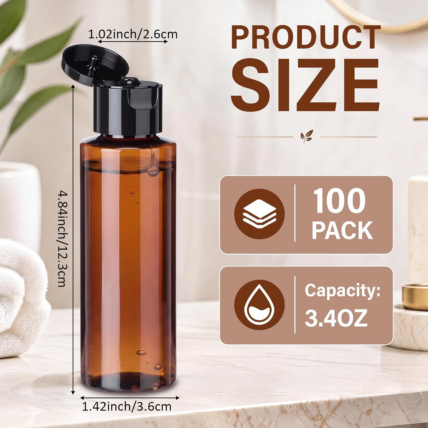 Gisafai 100 Pack 3.4oz Squeeze PET Plastic Bottles with Flip Cap Bulk, Reusable Travel Size Containers with Lids Refillable Empty Dispensing Bottles for Toiletries, Shampoo, Body Soap, Toner(Brown)