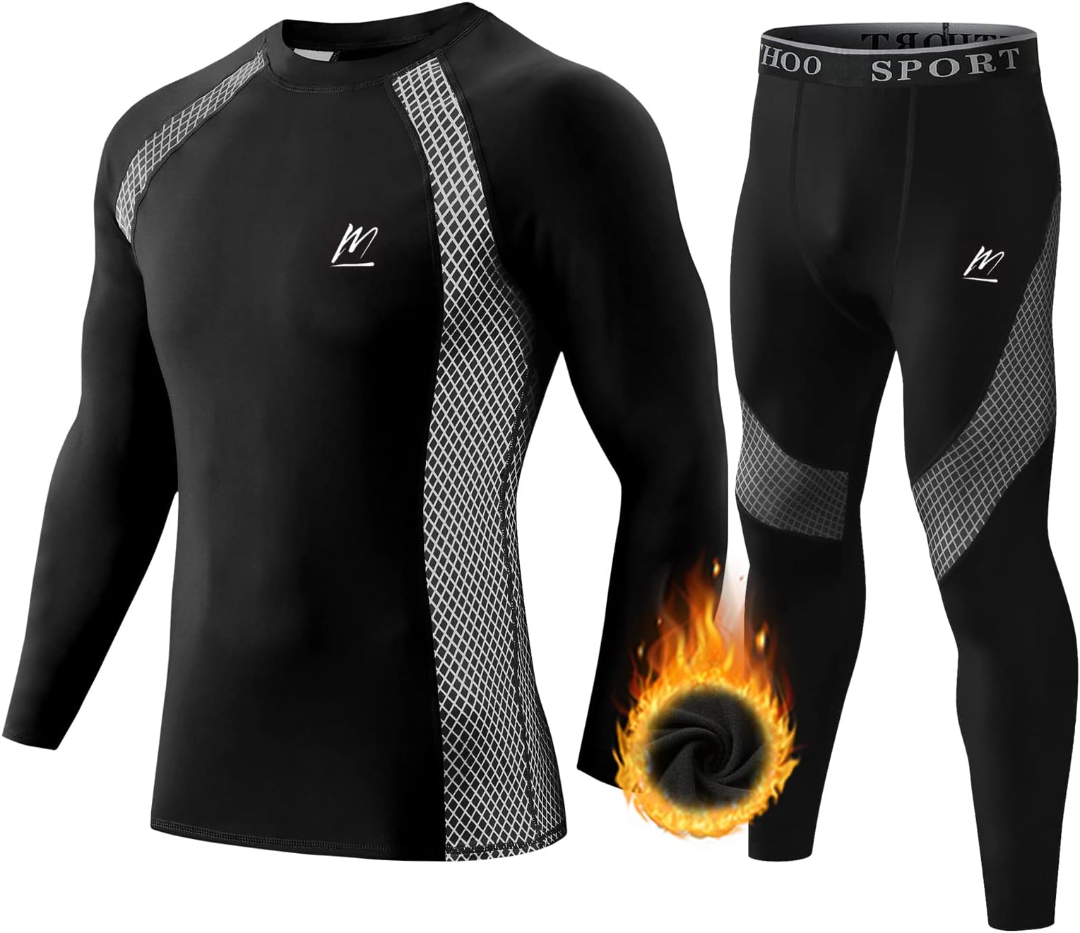 Thermal Underwear Set for Men Long Johns Base Layer Winter Ski Hunting Cold Gear Warm Top Bottom, Large Black, Dark Black, Large