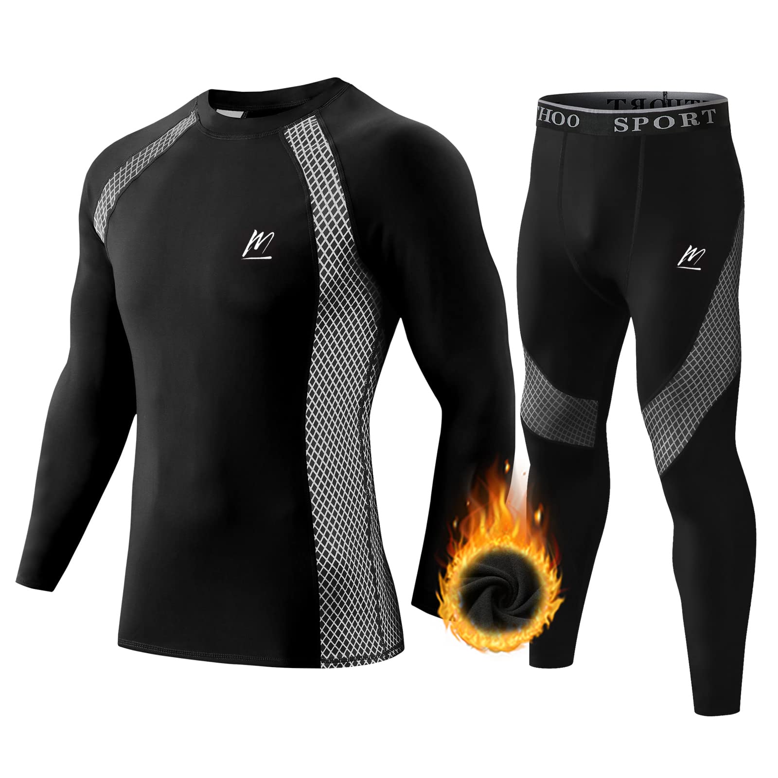 MeetHooThermal Underwear Set for Men Long Johns Base Layer Winter Ski Hunting Cold Gear Warm Top Bottom, Large Black, Dark Black, Large