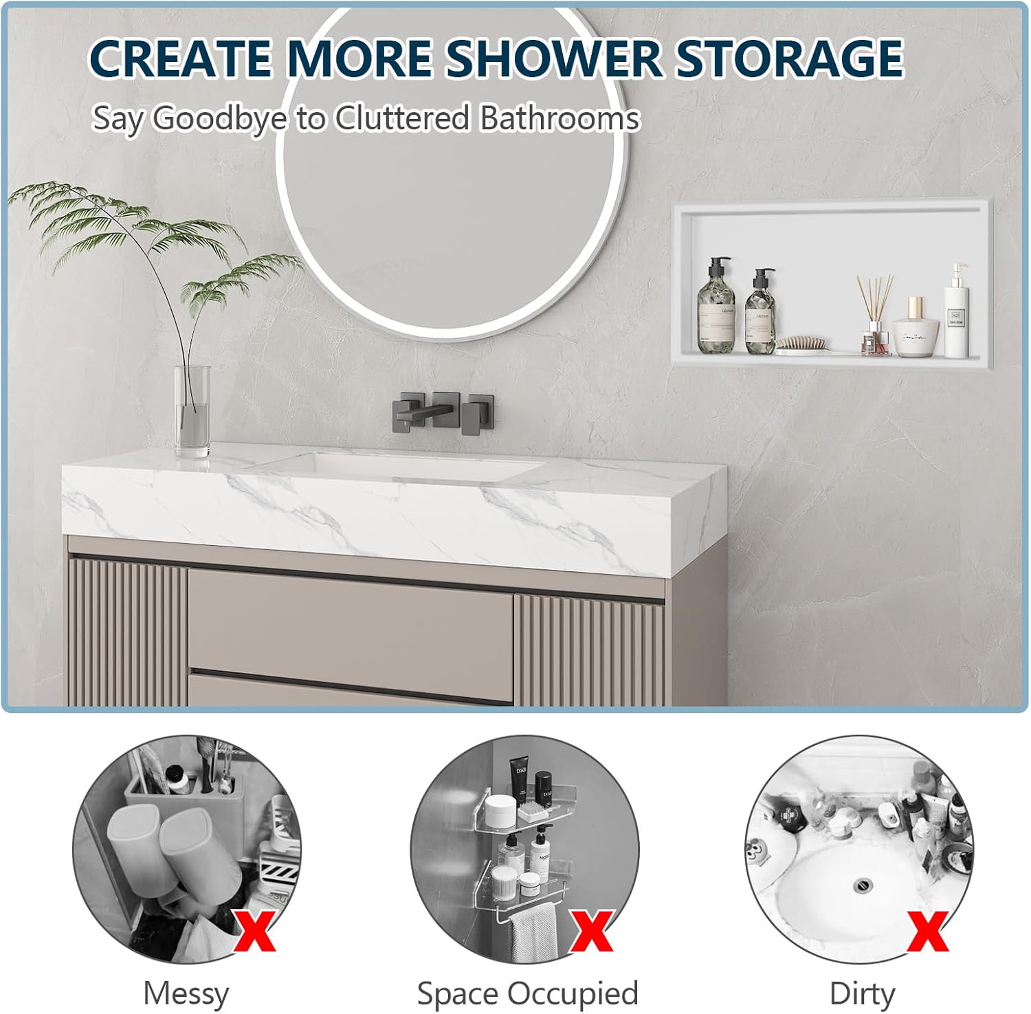 304 Stainless Steel Shower Niche, 24" X 12" No Tile Needed Recessed Wall Niche for Bathroom Storage, Space Saving Built-in Wall Niche for Bathroom, Toilet, Kitchen, White