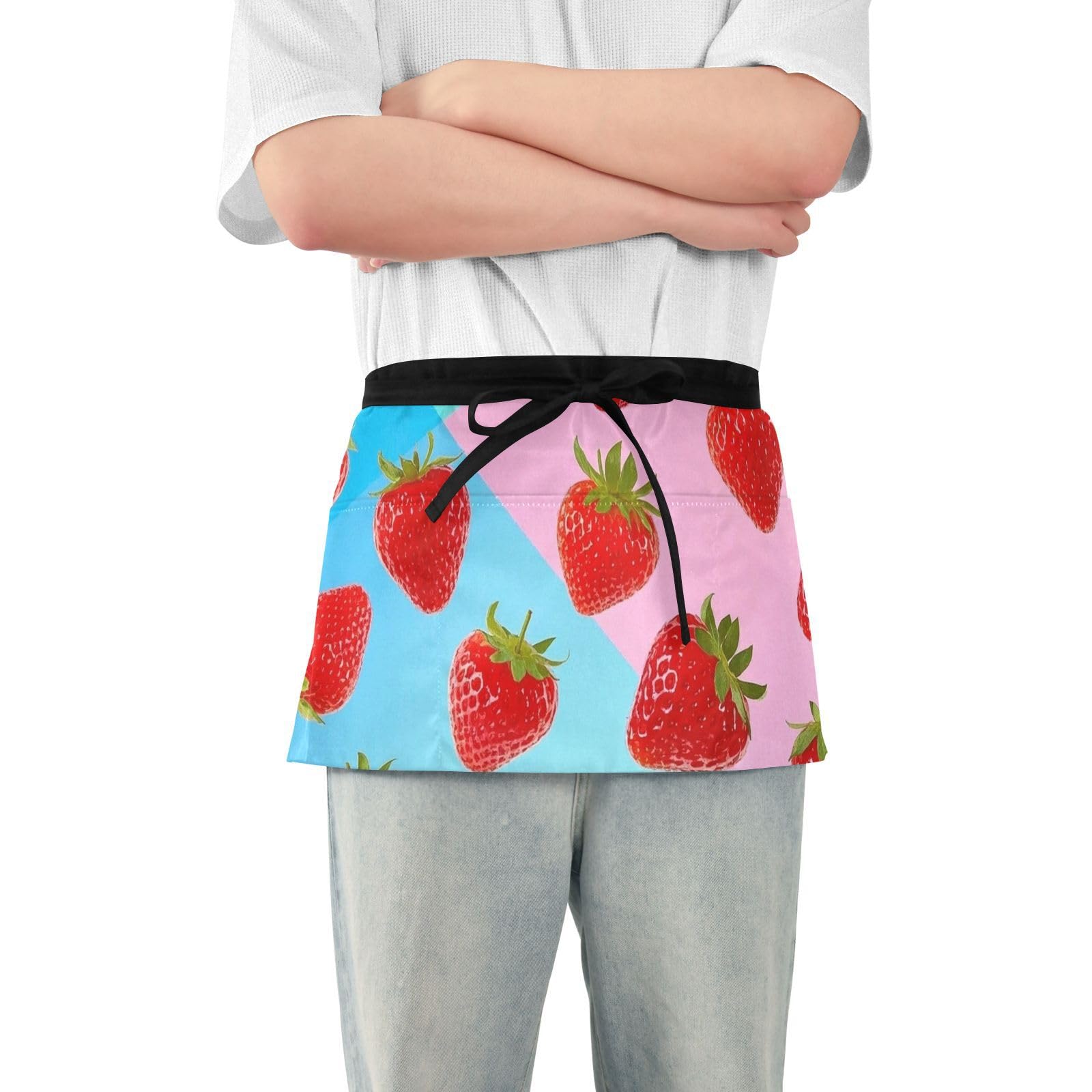 FASHON&FASCIN Server Apron with Pockets Waist Aprons Half Waitress Apron Strawberry Pattern for Gardening Restaurant,Multi20