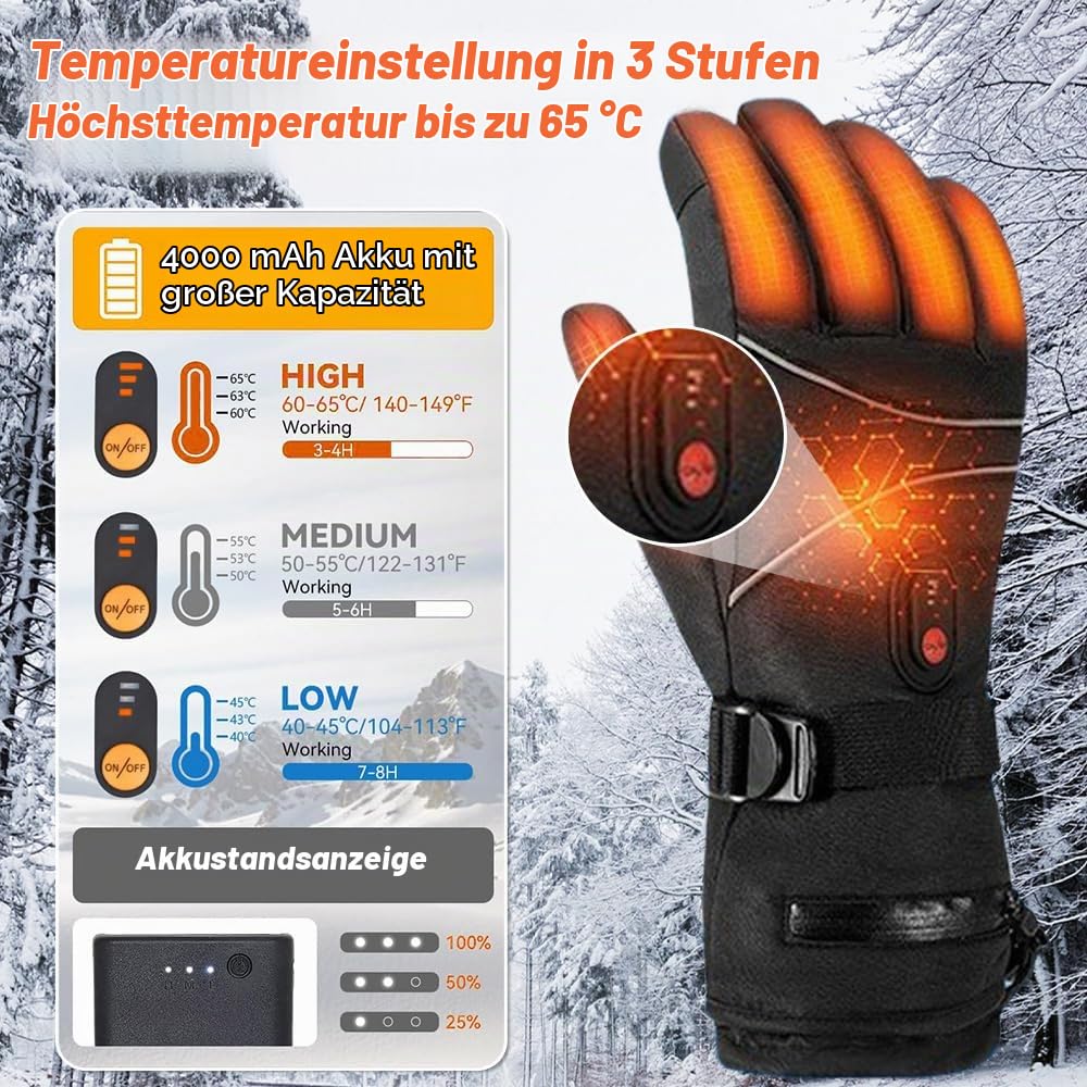 Beheizbare Handschuhe Damen Herren,7.4V 4000 mAh Akku USB Beheizte Handschuhe, 3 Heizstufen,Touchscreen Beheizbare Motorradhandschuhe,fur kifahren,Wandern,Radfahren,Motorradfahren