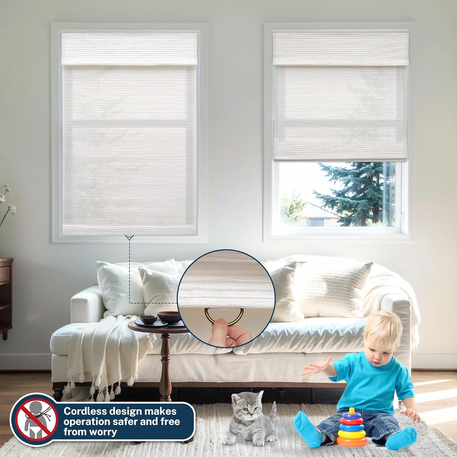 Cordless Roman Shades for Windows, Window Treatments, Natural Fabric Roman Blind, Roman Window Shades, Light Filtering Shades, White(with Edge Liner,Block 40-50% Light), 36" W X 48" H
