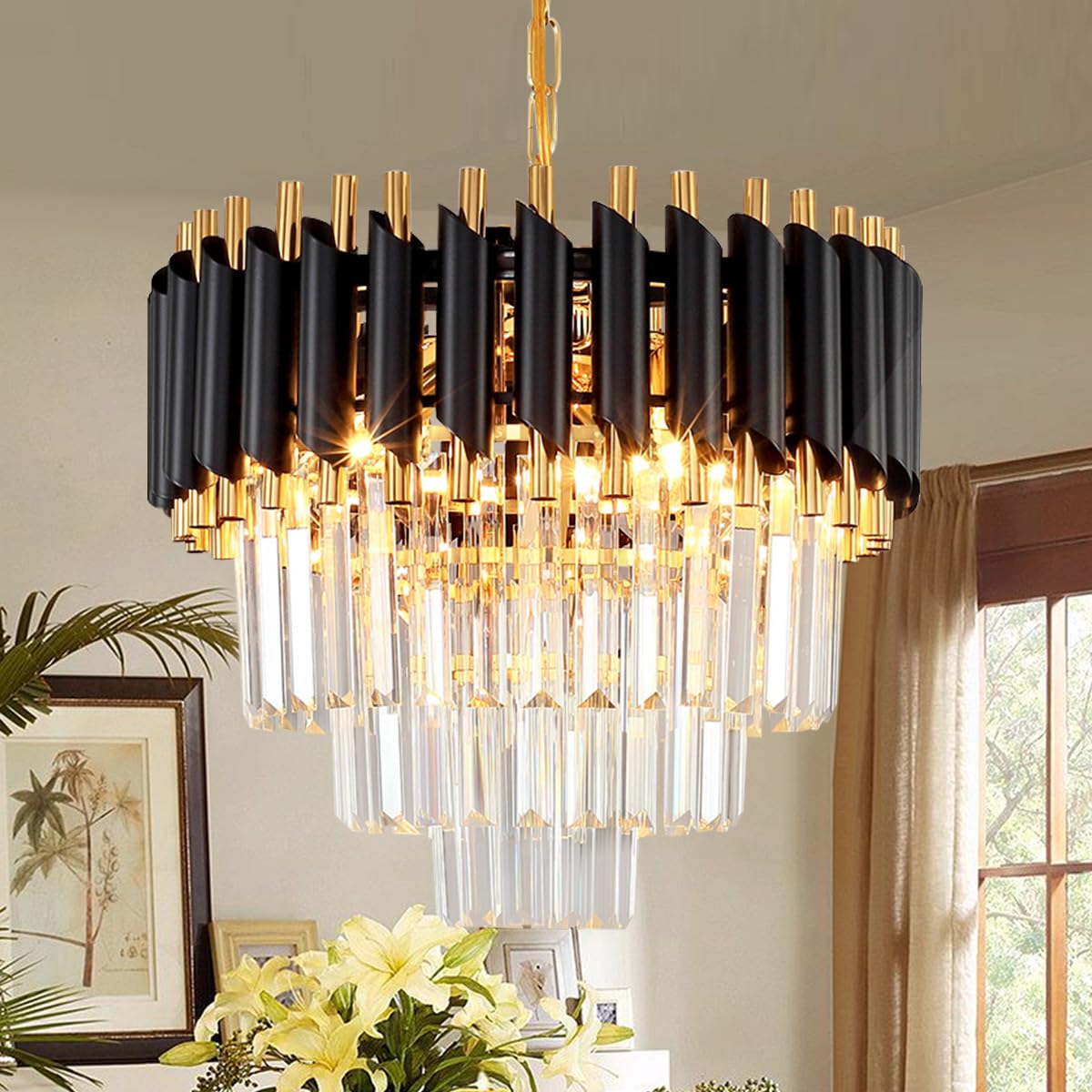 AOOCHOK Black and Gold Crystal Chandelier Pendant Light, Small Modern Crystal Chandelier for Entryway, Corridor, Balcony, Porch, Restaurant, Door Opening, E14 x 4, Φ40cm
