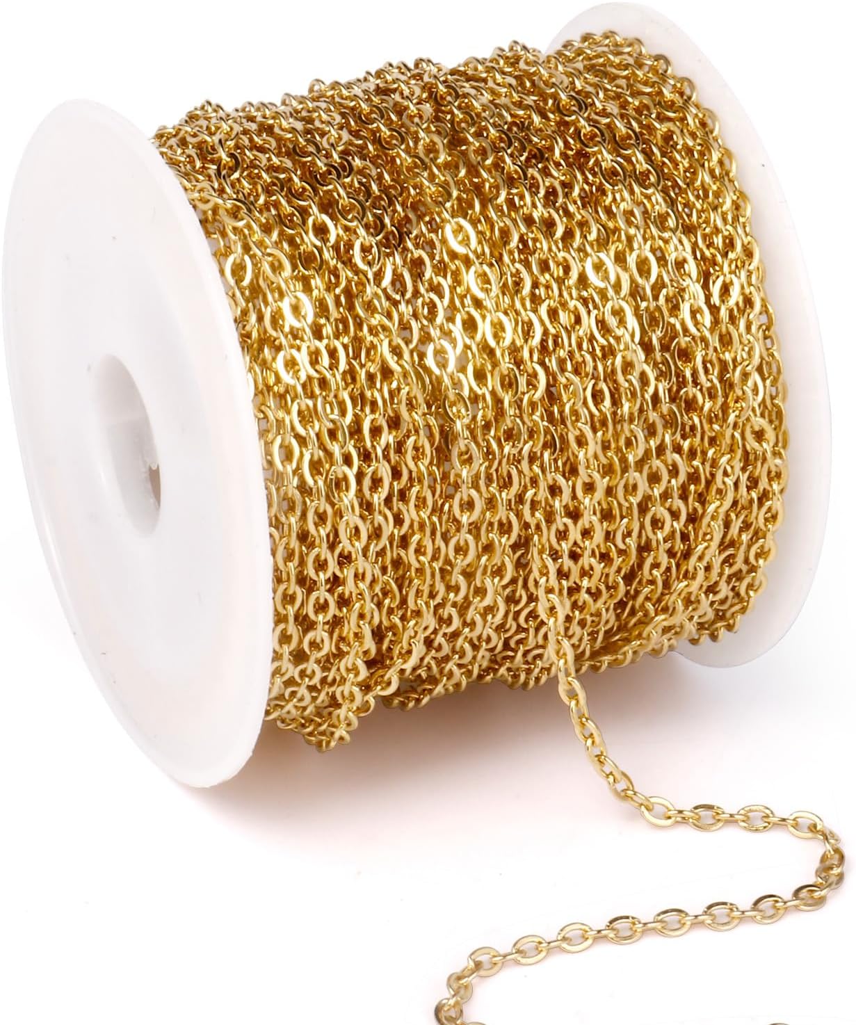 33 Feet 18K Gold PVD Plated Stainless Steel Cable Chain Bulk, 2mm 304 Stainless Steel Flat Cable Link Chains Roll Spool for Jewelry Making Necklace DIY Craft