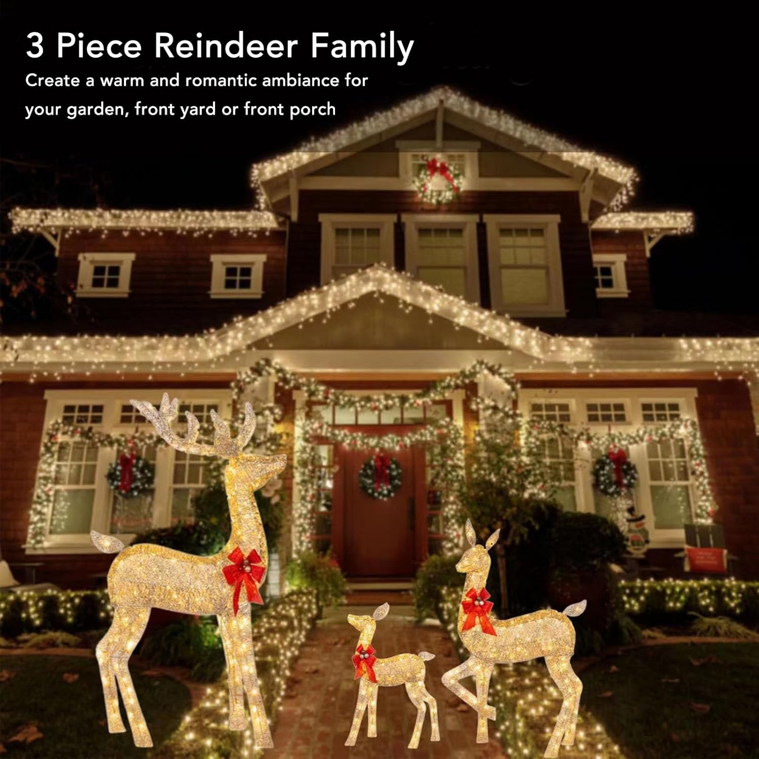 LED Lighted Deer Decoration, Warm Ambient LED Lights, 3 Reindeer Family Decor for Xmas Festival Yard Display, Adds Beauty and Charm to Your Front Yard, Suitable for Outdoor Use