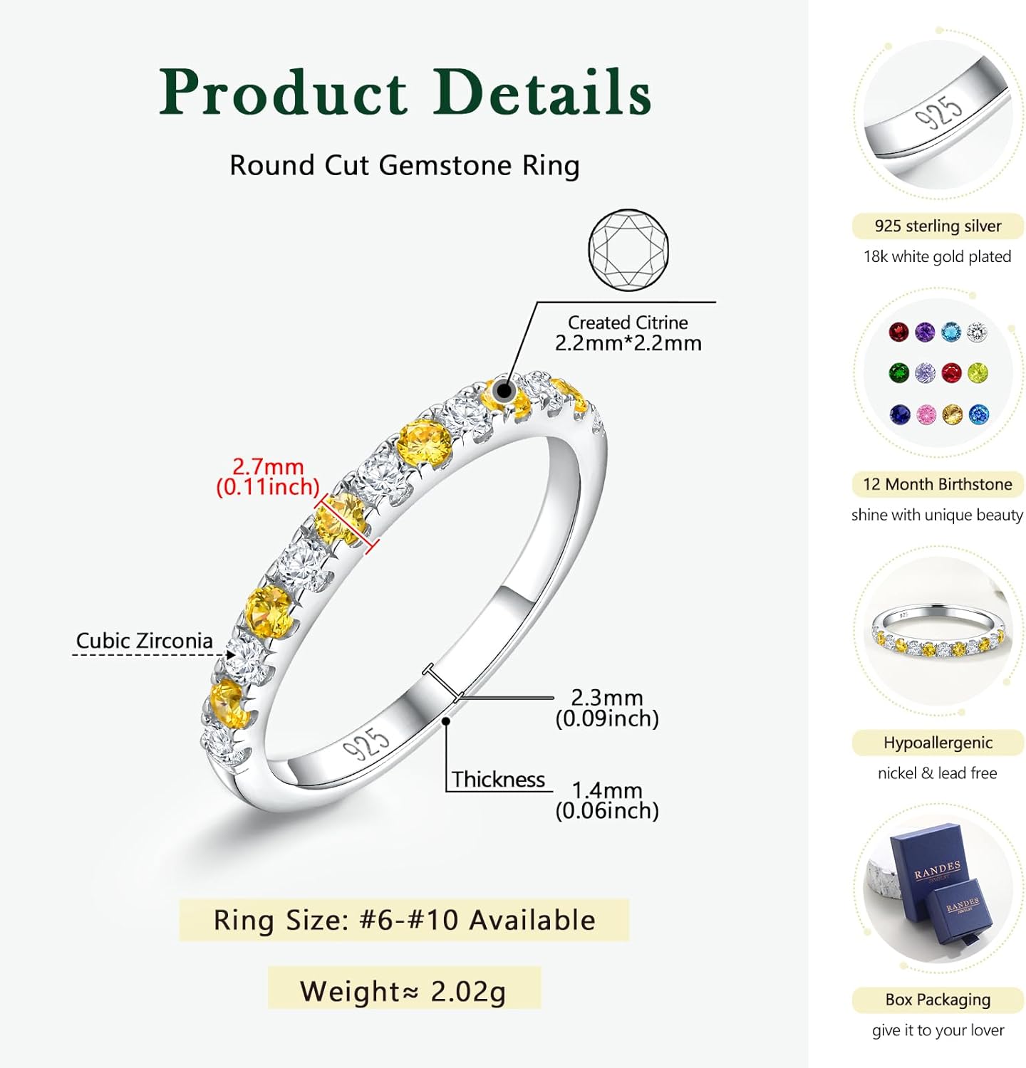 Birthstone Rings Eternity Band 925 Sterling Silver/Yellow Gold-Plated Created Gemstone Stackable Wedding Band 2.7mm Thin Half Eternity Rings for Women Size 6 to 10