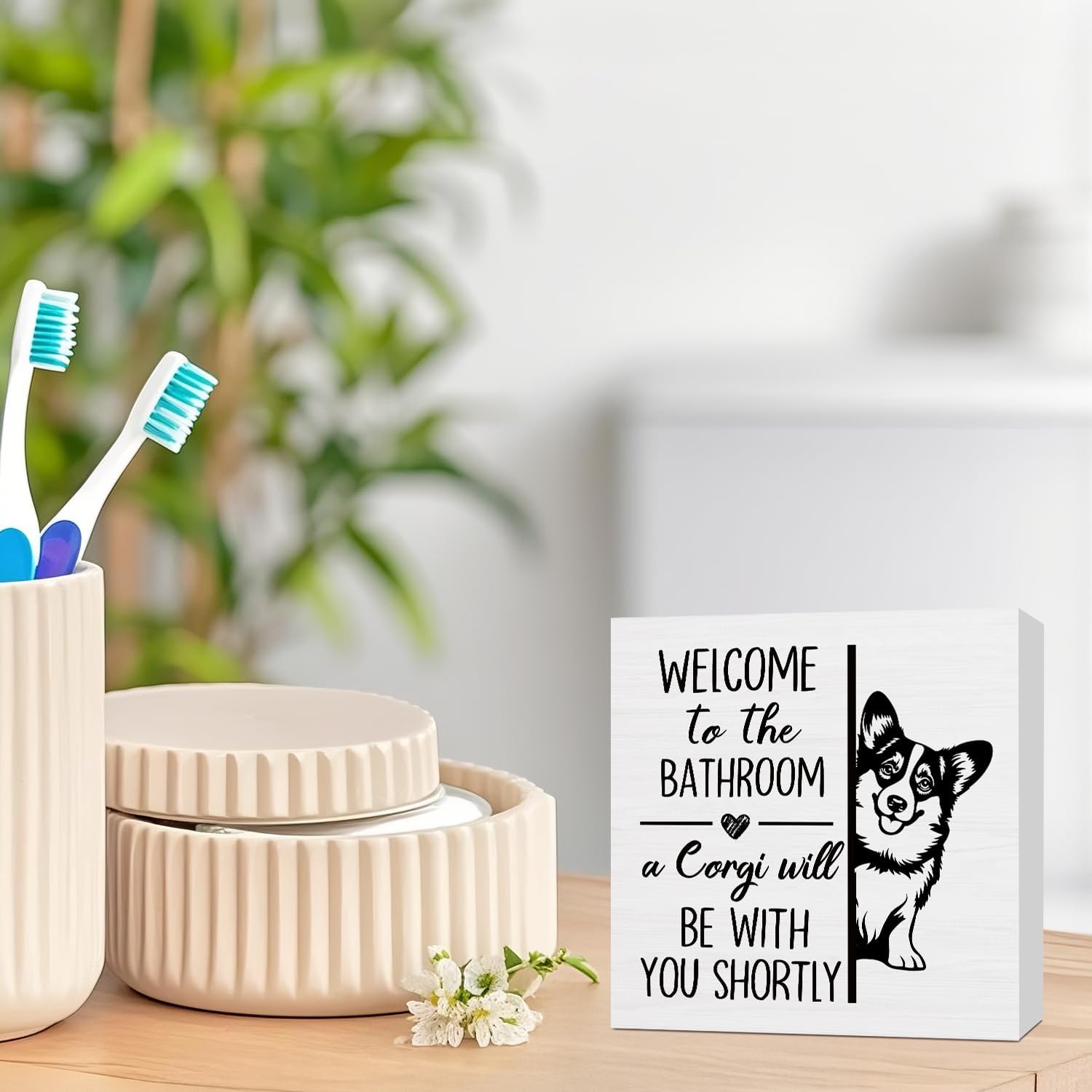 Funny Corgi Dog Bathroom Decor Wooden Box Sign, Gifts for Corgi Lovers, Humorous Dog Wood Block Plaque Signs for Bathroom Toilet Restroom Desk Table Shelf Decor, 5x5 Inch image 2