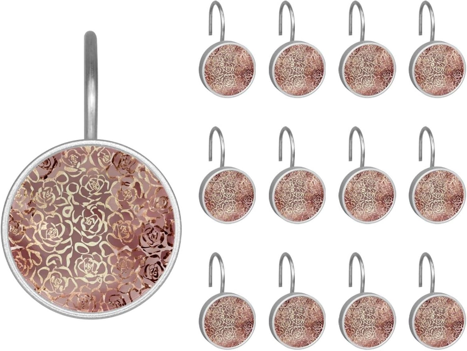 Leopard Rose Gold Pattern Round Crystal Glass Decorative Shower Curtain Hooks with 3D Pattern Visual, Rust Proof Shower Curtain Rings-12 Pack