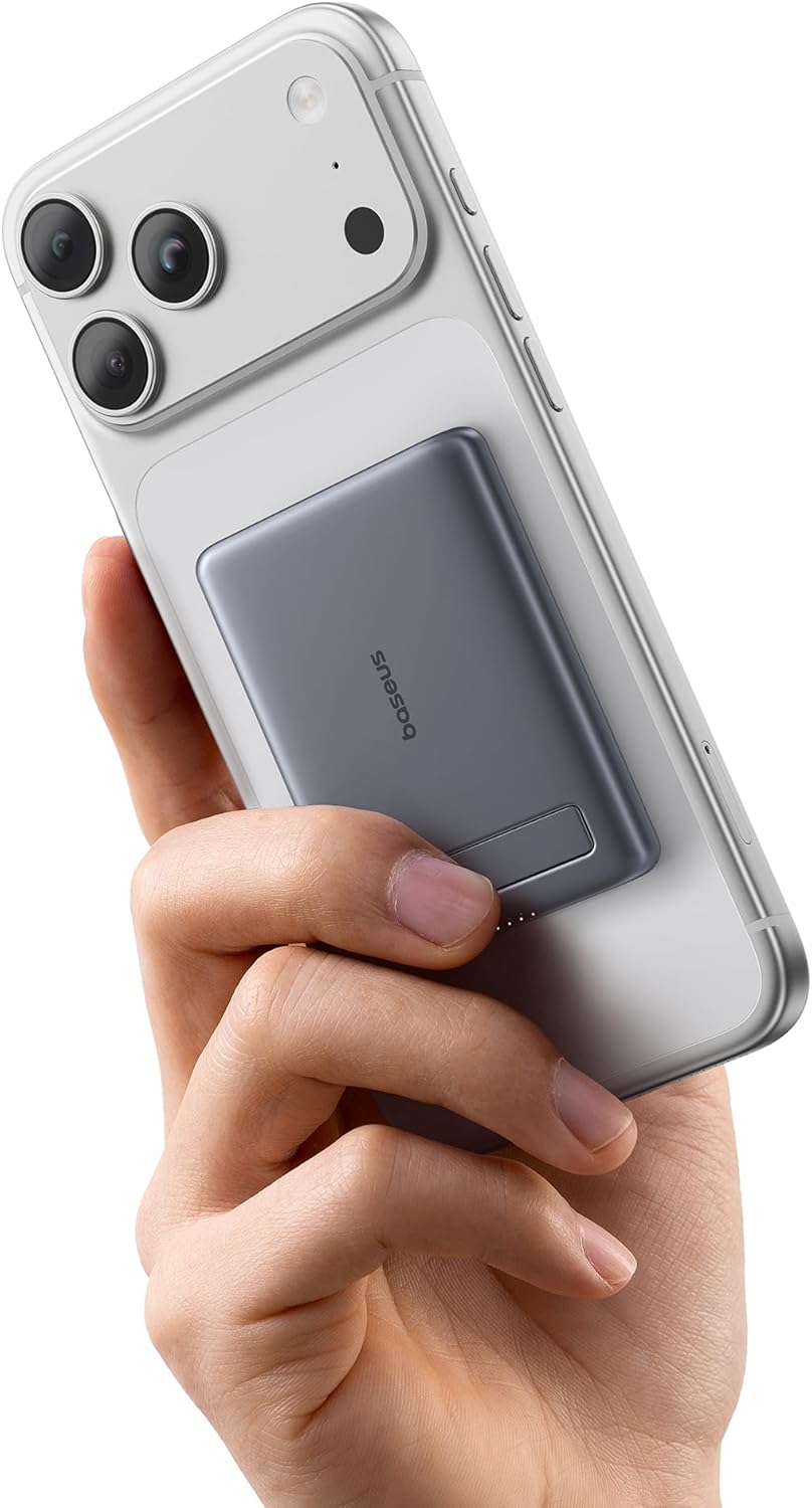 Baseus Picogo Power Bank, Smallest 5000mAh Magnetic Portable Charger with Stand, Qi2 Certified 15W Ultra-Mini MagSafe Battery Pack, Alloy Wireless Travel Fast Charger for iPhone 17/16 Series(Grey)