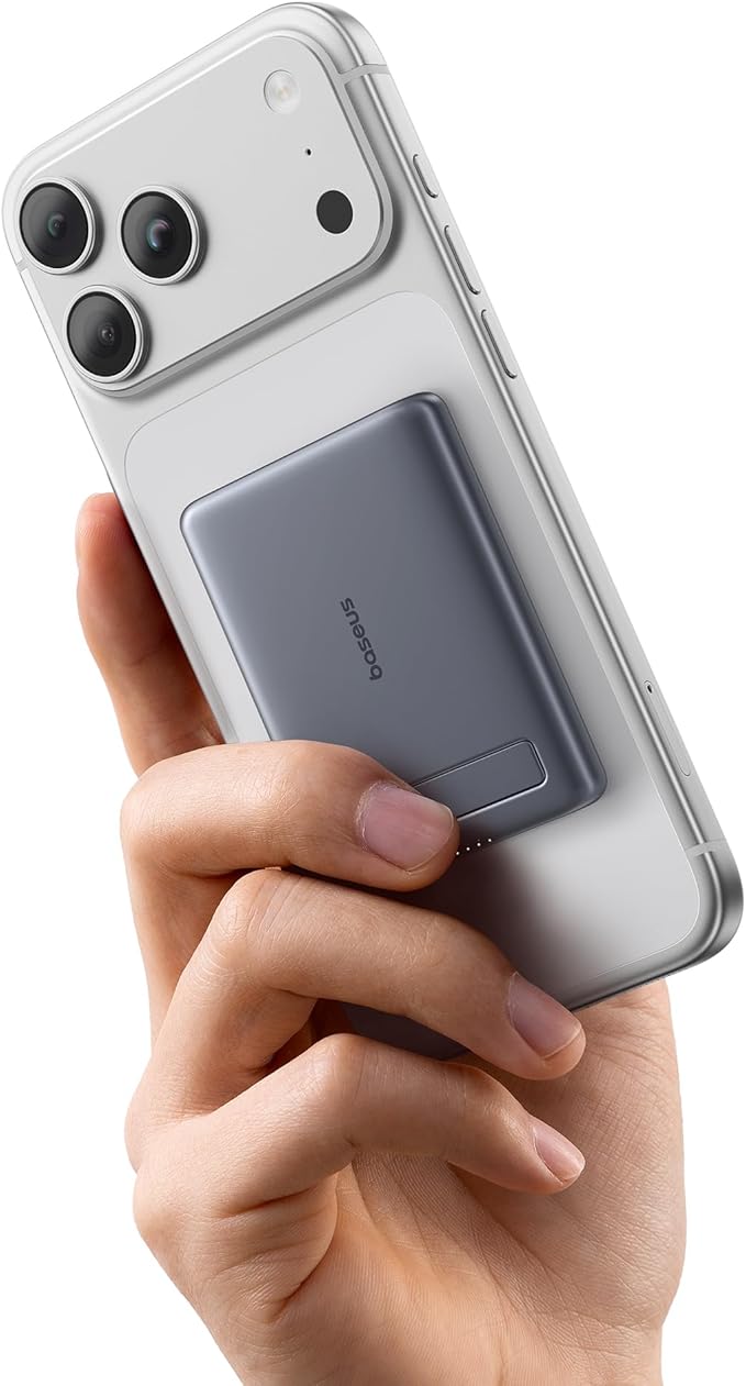 Baseus Mini MagSafe Powerbank 5000 mAh certifié Qi2 avec Support Pliable, PD 20 W, Batterie Externe magnétique USB C, sans Fil, Compatible avec iPhone 17/16/15/14/13/12/Pro/Pro Max, Gris