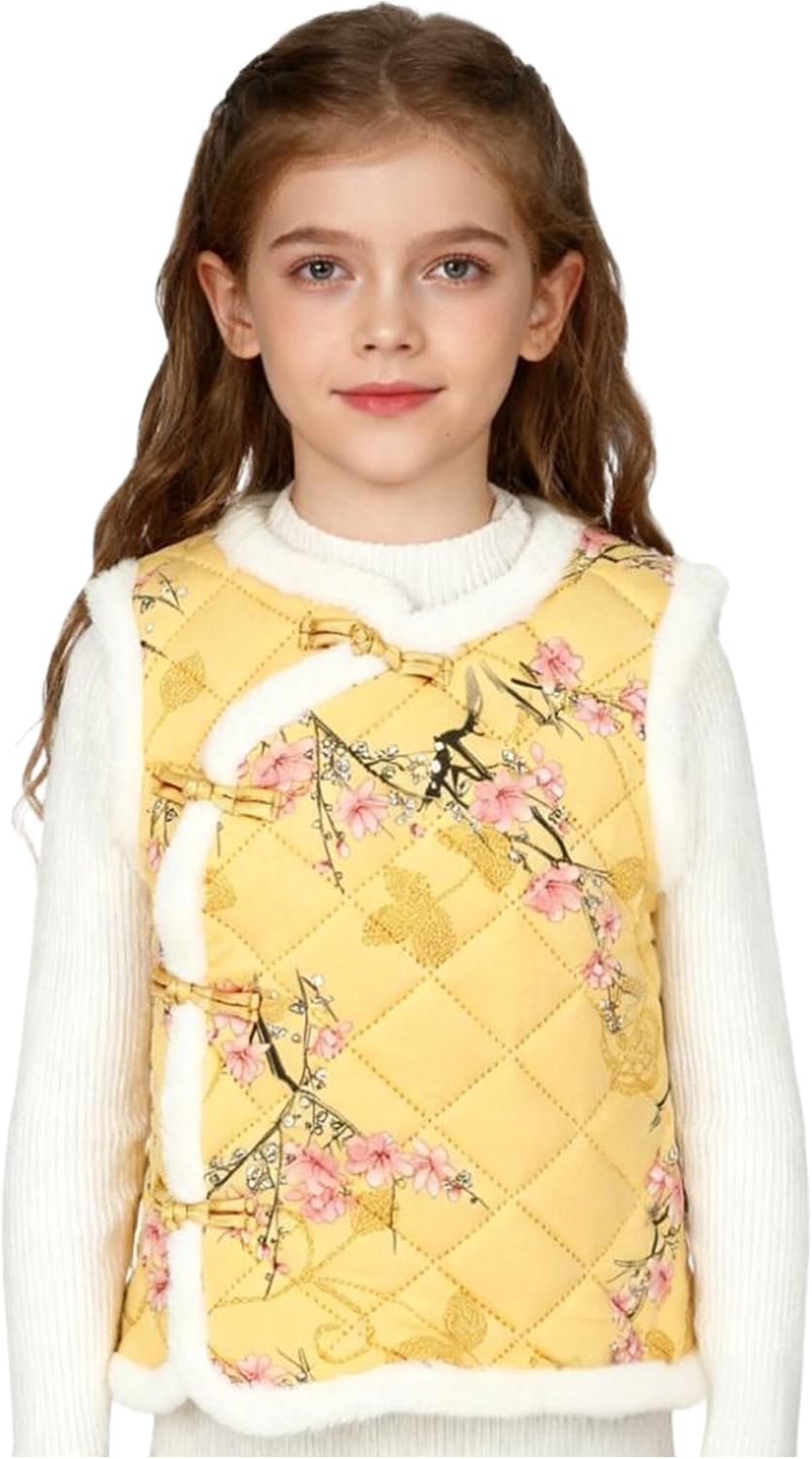 Girls Winter Vest Floral Fleece Jacket Sleeveless Thick Warm Outerwear with Knot and Buttons