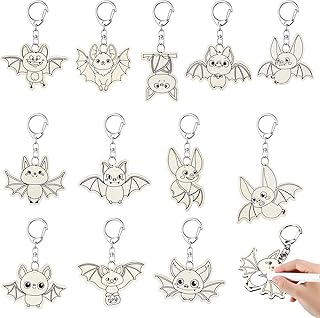 24 Pcs Bat Craft Color Your Own Keychains Diy Craft Wooden Blank Keychains for Sunday School Classroom Home Active Party Favors Gifts, 12 Styles
