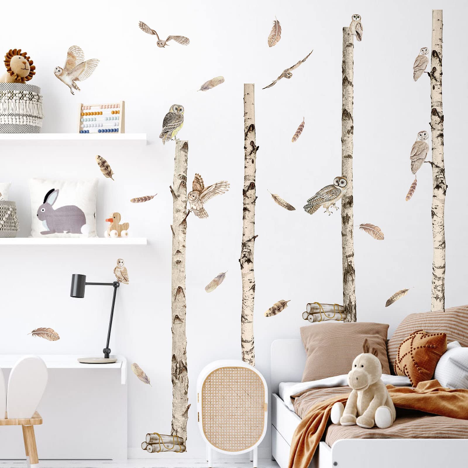 Birch Tree Wall Decals White Birch Tree Wall Stickers Owls Animal Tree Branches Wall Stickers Removable Large Tree Wall Sticker Woodland Tree Wall Stickers for Bedroom Kids Nursery