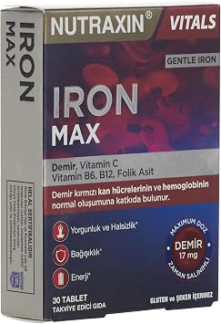 Nutraxin Iron Max 30 Tablet – Demir, C Vitamini, Folik Asit ve B12 Vitamini İçeren Takviye (2 paketi)