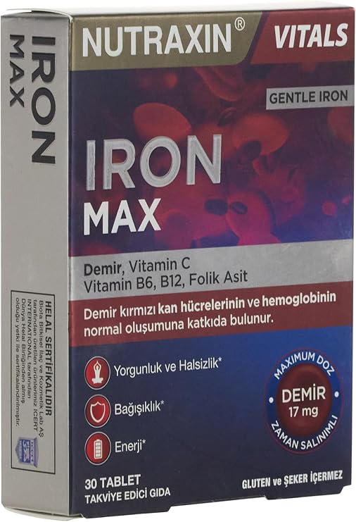 Nutraxin Iron Max 30 Tablet – Demir, C Vitamini, Folik Asit ve B12 Vitamini İçeren Takviye (2 paketi)