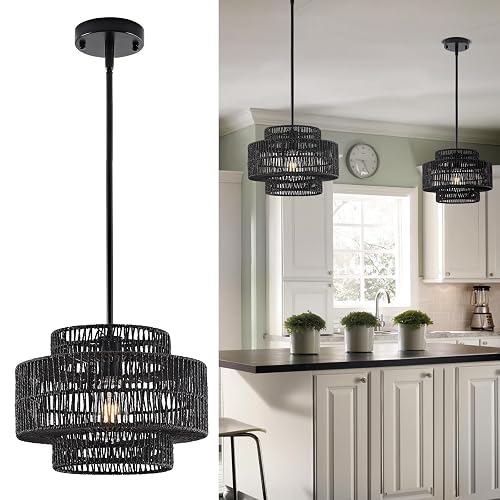 12.4” Black Boho Rattan Chandelier Light Fixture, 1-Light Hand Woven