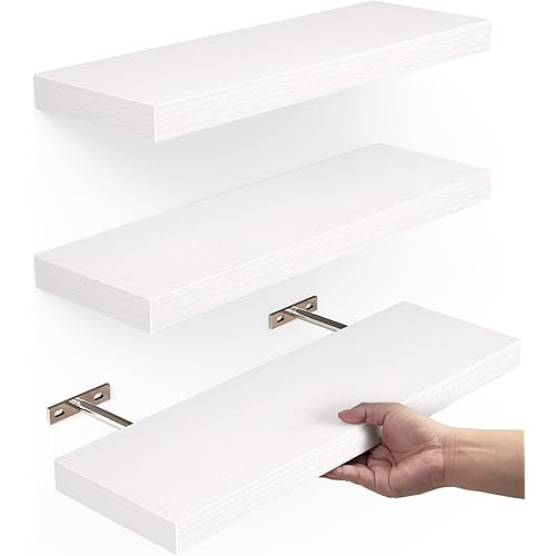 BAYKA Floating Shelves, Wall Mounted Rustic Wood Shelves for Bathroom, Bedroom, Living Room, Kitchen, Small Hanging Shelf for Books/Storage/Room Decor with 22lbs Capacity (White, Set of 3, 16in)