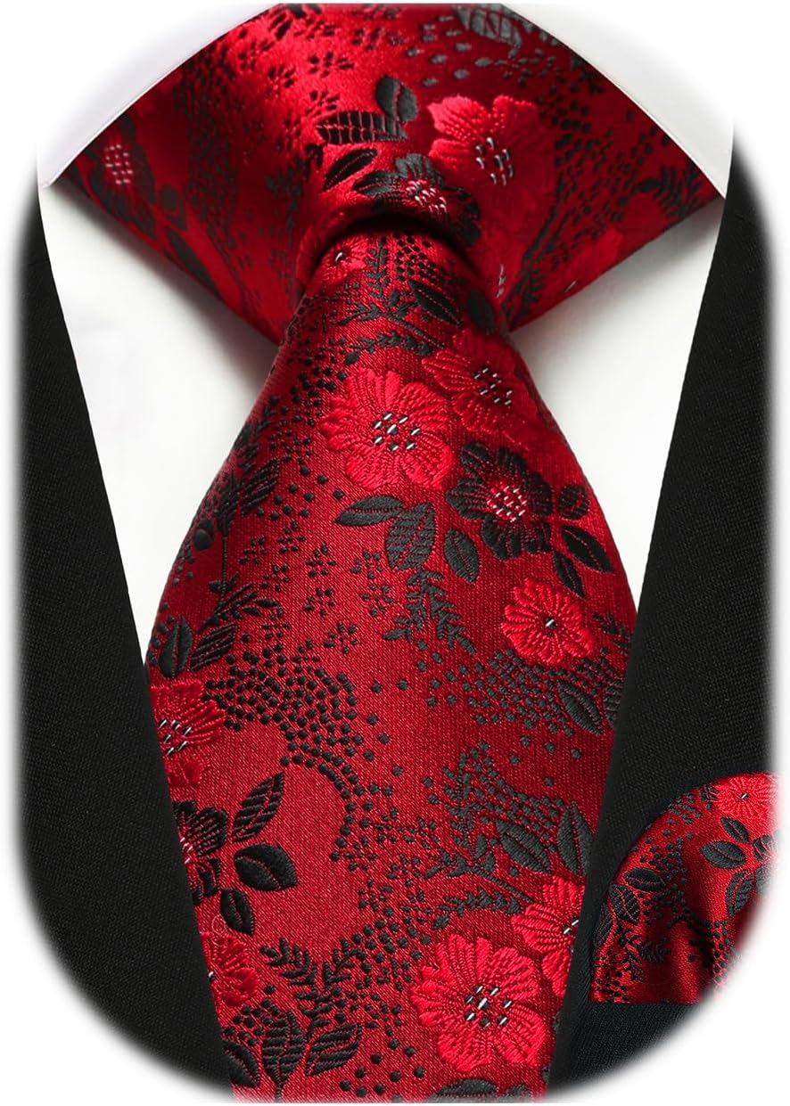 HISDERN Men Floral Ties Woven Classic 3.4" Necktie Set Formal Tie Pocket Square for Wedding with Handkerchief Gift Box