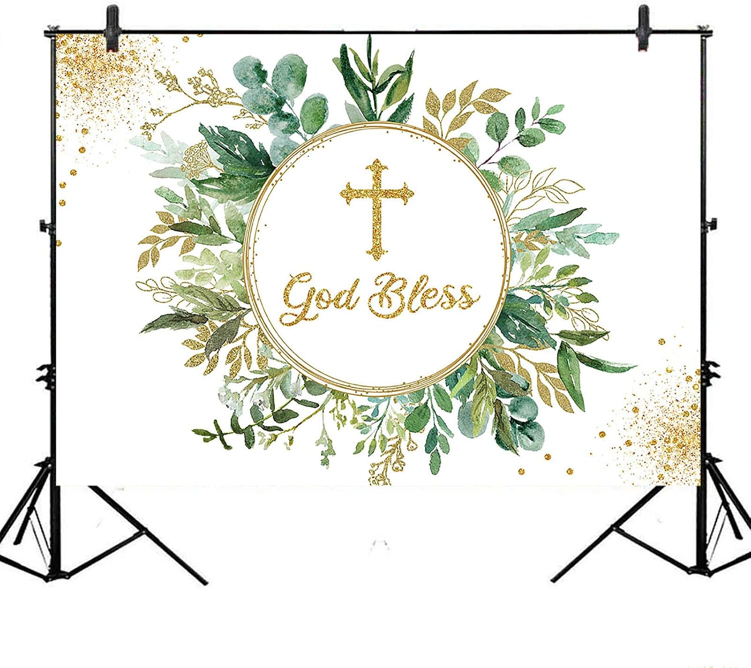 Avezano Greenery God Bless Backdrop Eucalyptus Gold Dots Baptism Baby Shower Background Green Leaves Branches First Communion Backdrops for Kids (10x8)