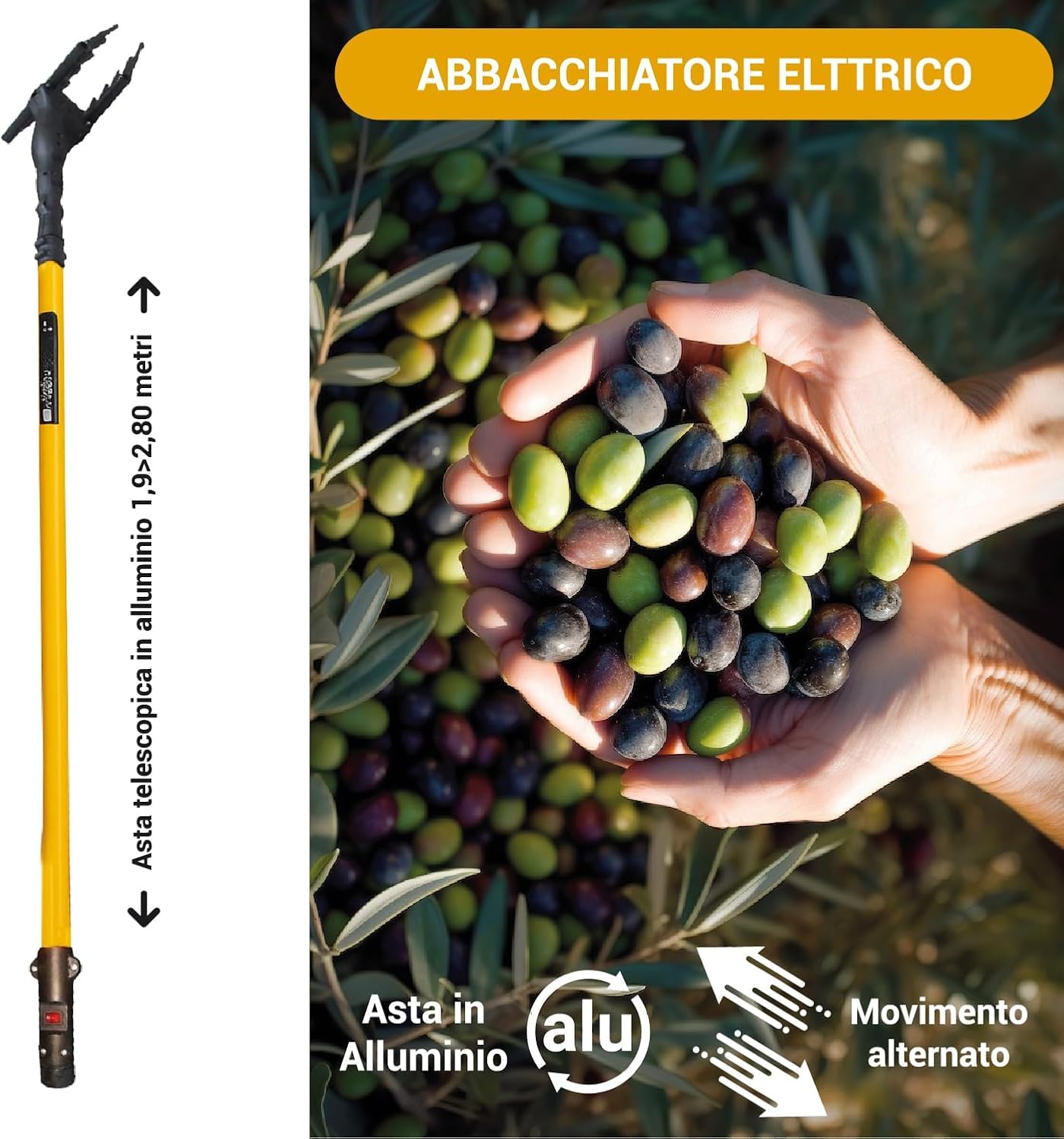 Abbacchiatore Elettrico per Olive 400W a Batteria 12V – Scuotitore Professionale con Asta Telescopica 3m, Rastrello Antibloccaggio in ABS, Cavo 12m – Leggero e Robusto per Raccolta Olive