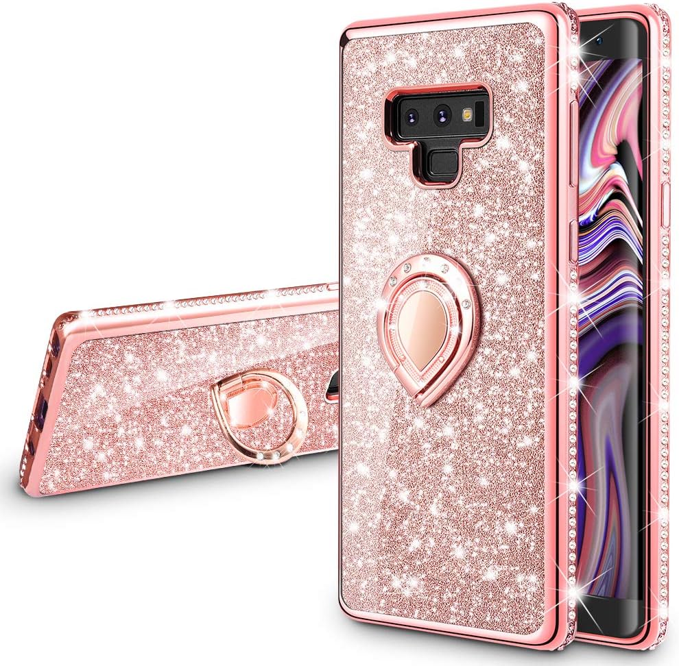 VEGO Galaxy Note 9 Case Glitter with Ring Holder Kickstand for Women Girls Bling Diamond Rhinestone Sparkly Bumper Fashion Shiny Cute Protective Case for Galaxy Note 9(Rose Gold)