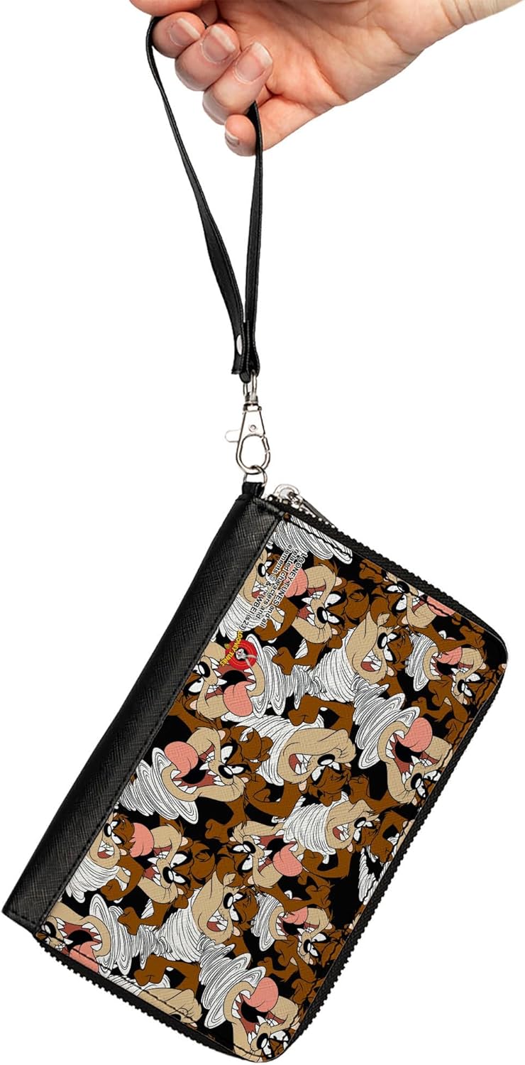 Buckle-Down Looney Tunes Wallet, Zip Around, Tasmanian Devil Vortex Poses Scattered Black, Vegan Leather - Image 2