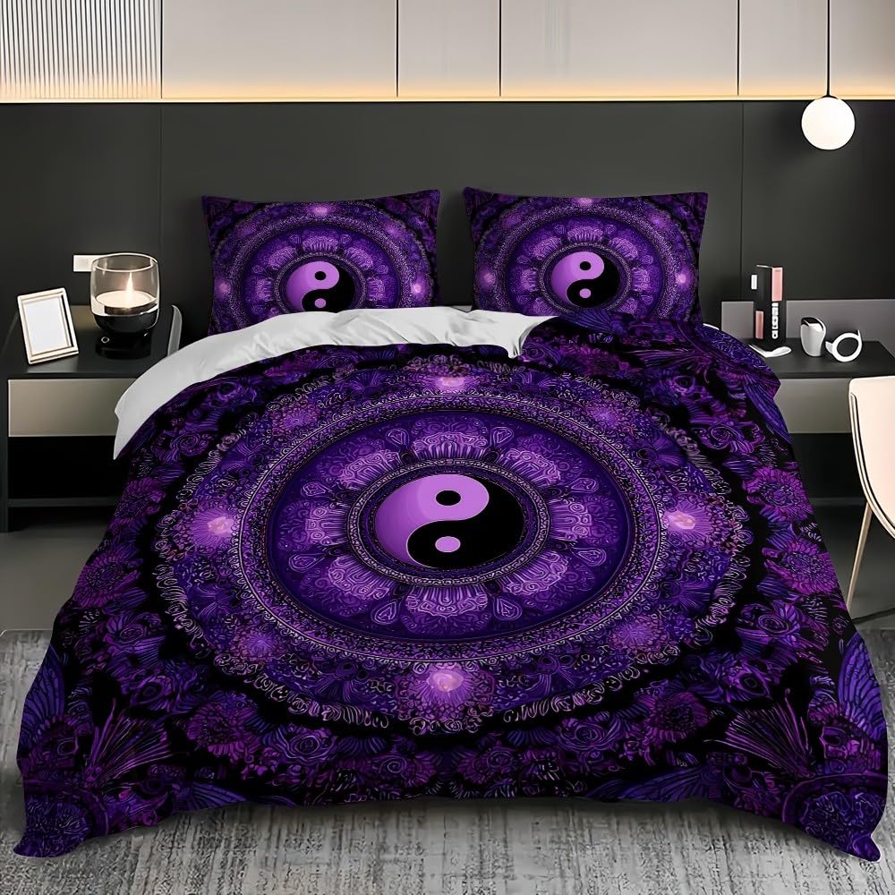 Pościel 155 x 220 cm, wzór czeskiego mandali, komplet pościeli, 100% mikrofibra, nie wymaga prasowania, nie gniecie się, można prać w pralce, kolor fioletowy, dwustronna, z poszewką na poduszkę 80 x