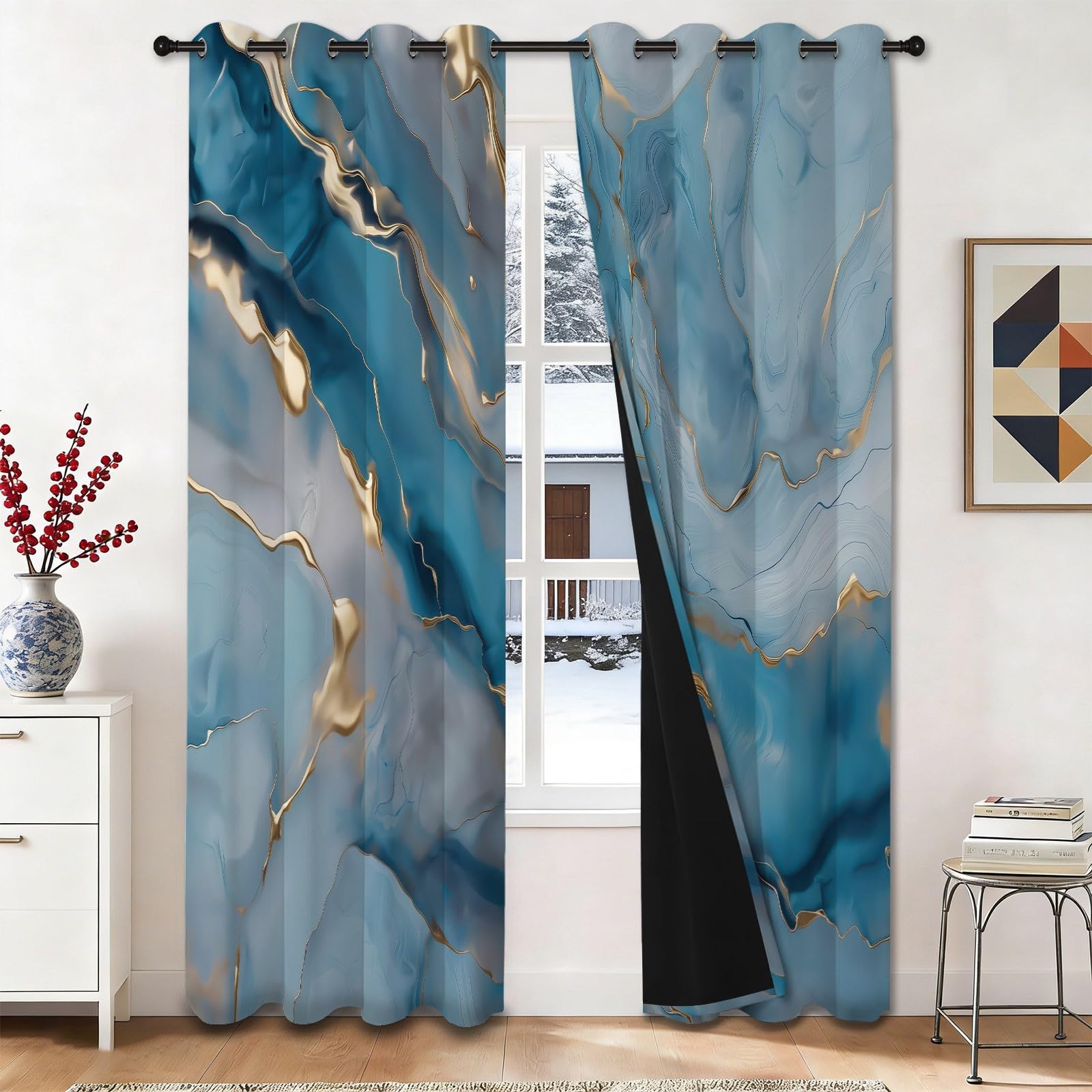 Rideau occultant lignes dorées style luxe, rideaux thermiques motif marbre pour salon moderne