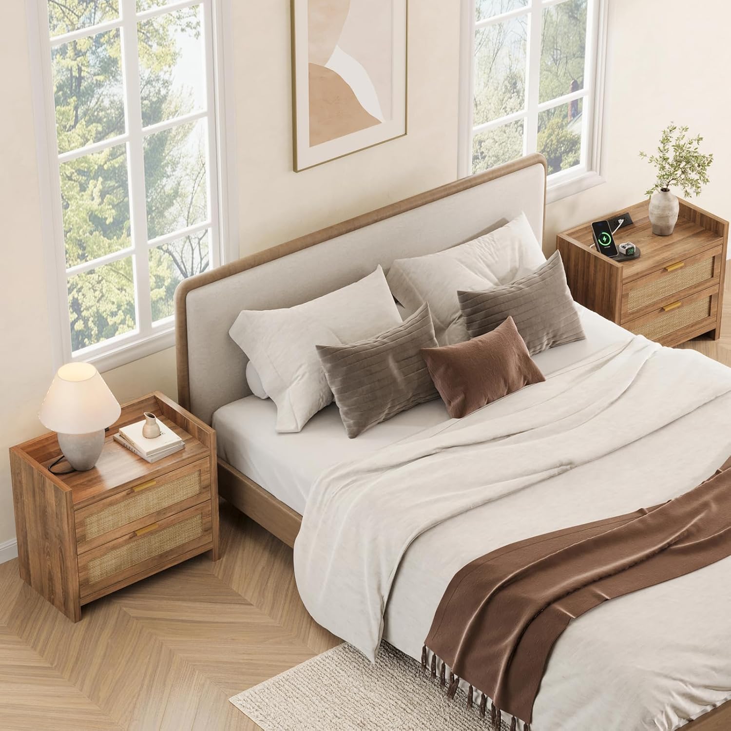 Rattan Night Stand with Charging Station, Boho Bedside Tables with 2 Storage Drawers & Spacious Tabletop, Wood End Tables for Bedroom, Reclaimed Caramel Oak