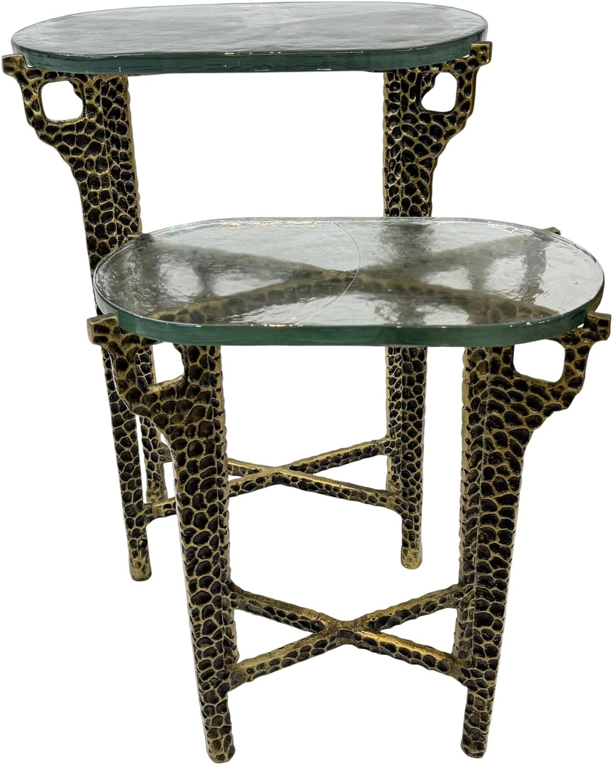 Carolina Chair & Table Ignis Nesting Table, 26" Recycled Glass & Hammered Brass Aluminum Set - Eco Friendly Accent Furniture for Living Room, Bedroom, Office, or Foyer – Sustainable Decor