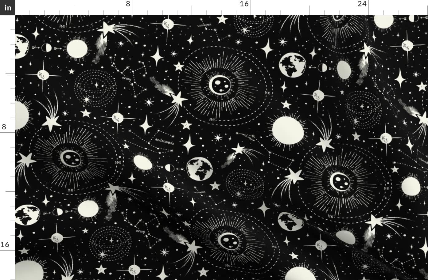 Spoonflower Fabric - Solar System Black Stars Space Moon Vintage Celestial White Lunar Printed on Organic Cotton Sateen Fabric by The Yard - Sewing Quilting Apparel Home Decor