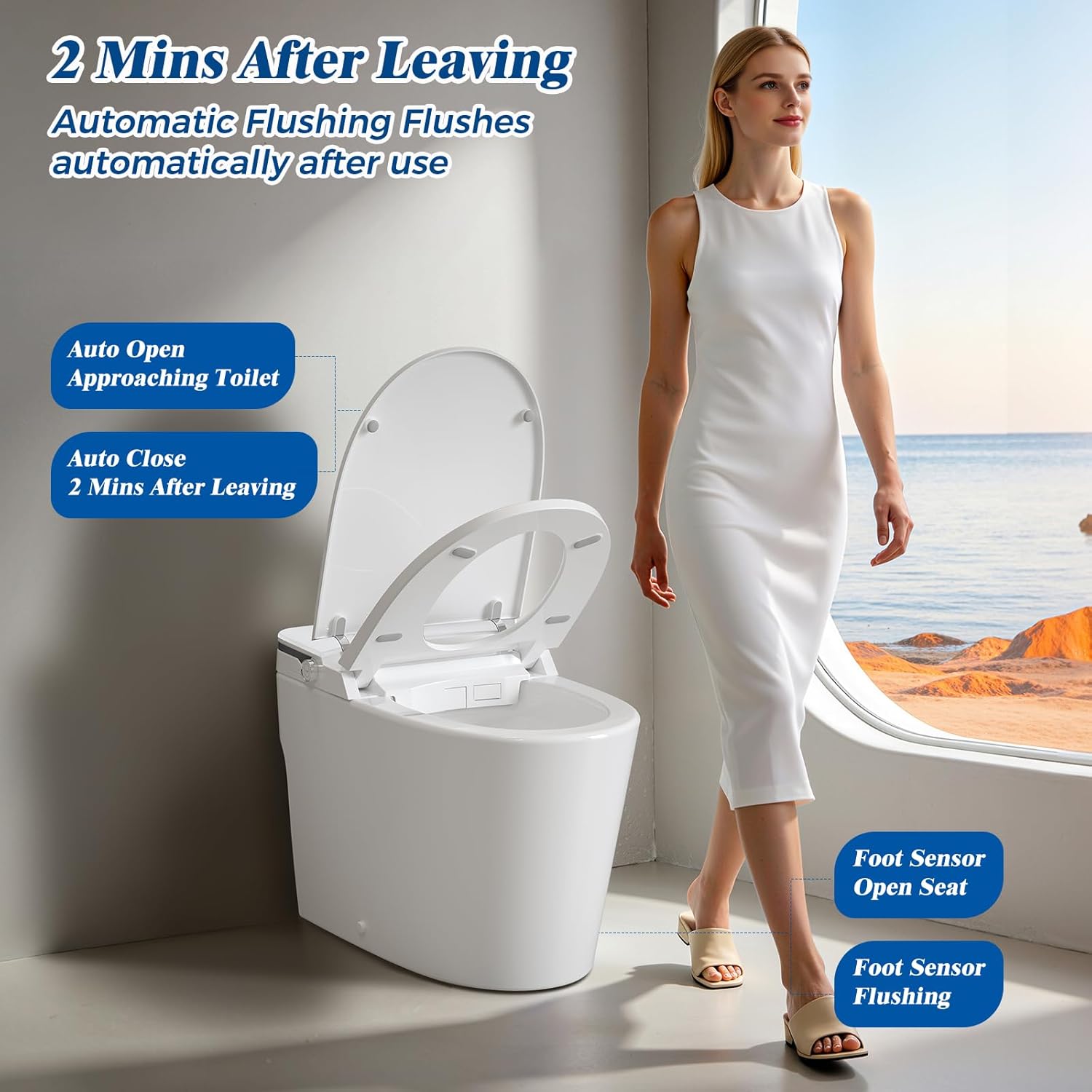 CLIRASS Smart Toilet with Bidet, Electric Bidet Toilet with Auto Powerful Flush, Auto Open/Close, Foot Sensor, Heated Elongated Seat (ADA Comfort Height), Night Light, Deodorization Remote (White)