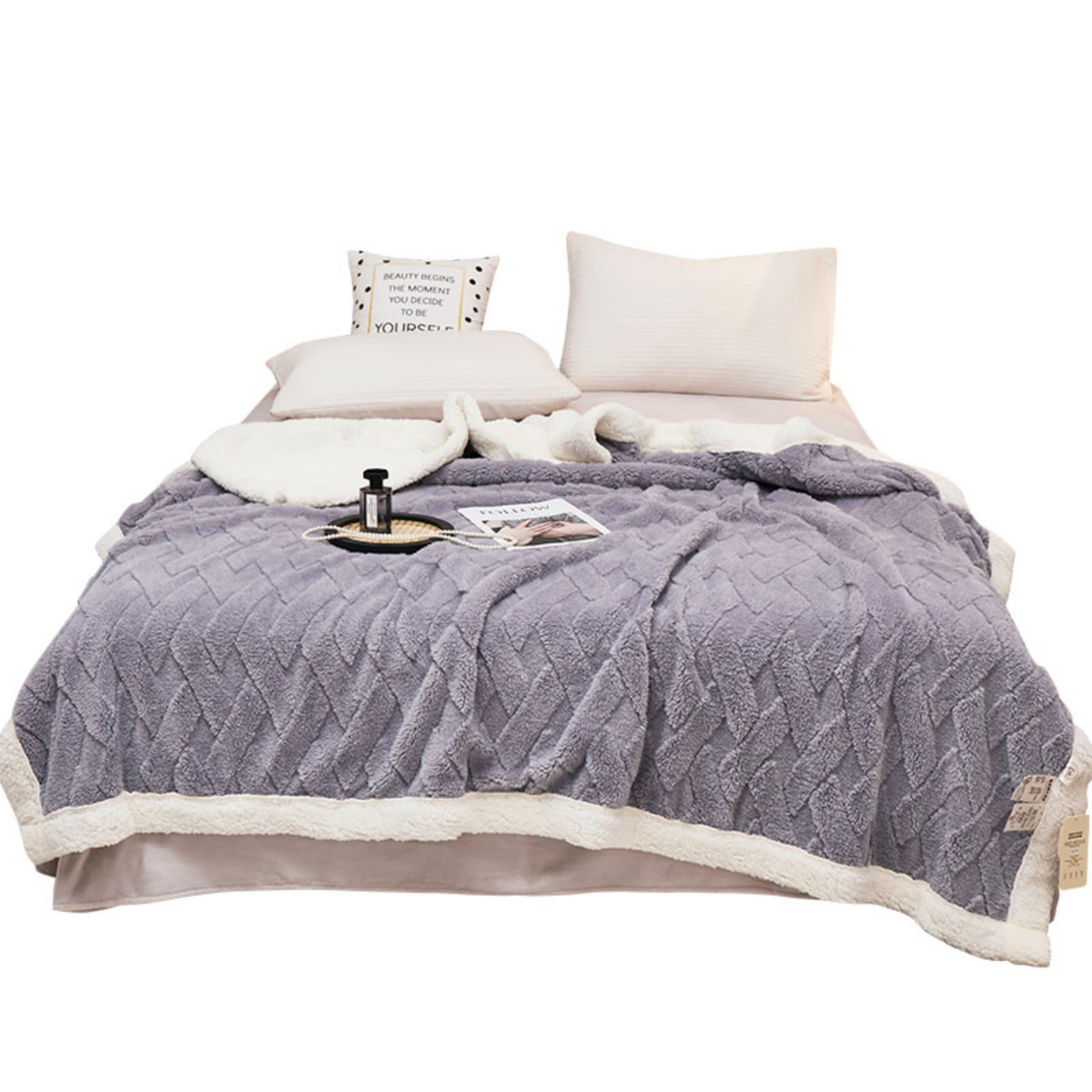 Couverture en laine d'agneau luxueuse gris clair 200x230cm en taffetas