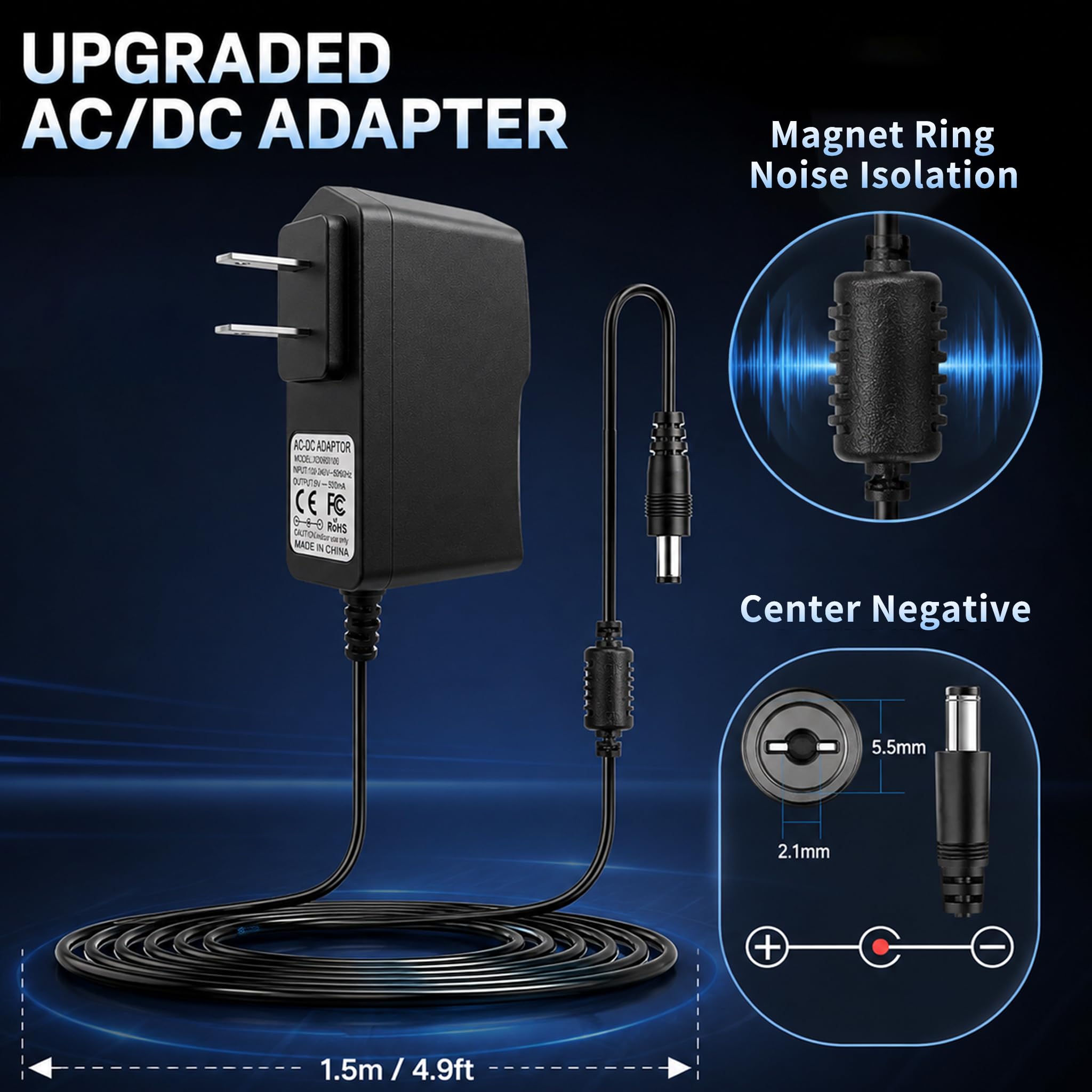Rockhouse 9 V DC 500 mA Netzteil Center negativ für Gitarrenpedale 9 Volt AC DC Netzkabeladapter für Behringer Boss Zoom 1 Spot