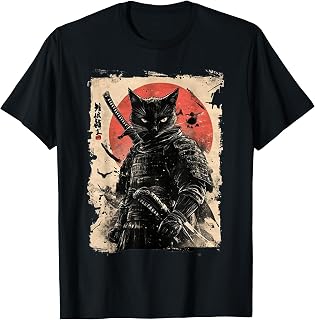 Vintage Japanese Art Anime Graphic Samurai cat Warrior T-Shirt