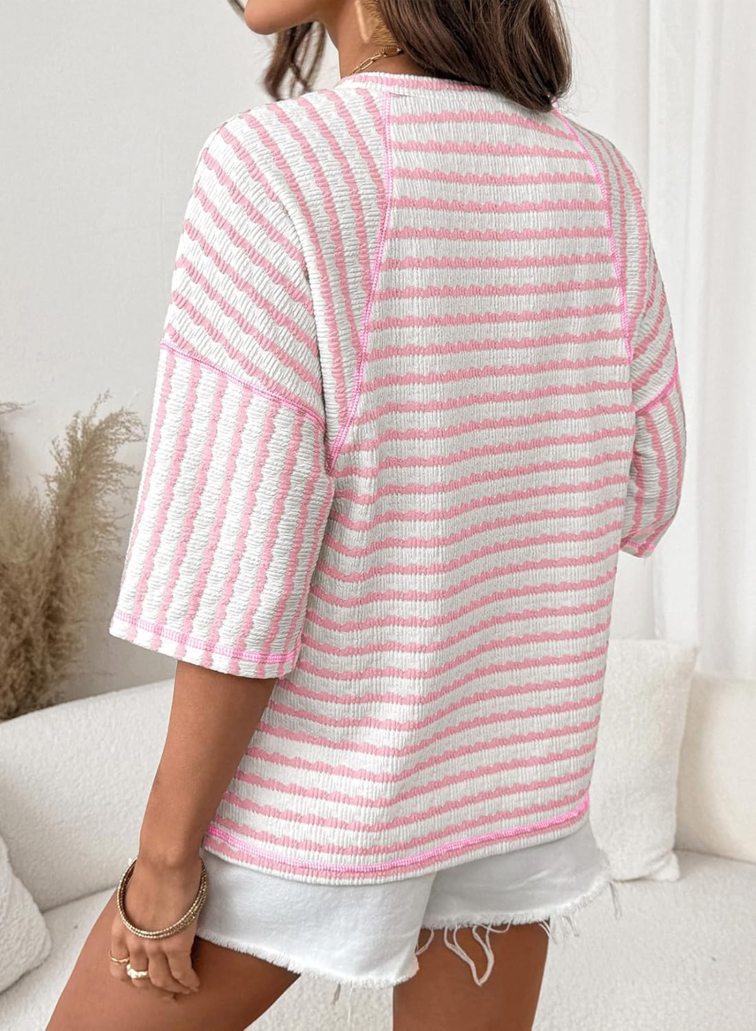 Dokotoo Womens Summer Tops Oversized Tshirts for Women Striped Color Block Short Sleeve T Shirts Crewneck Casual Tee Blouses - Image 2