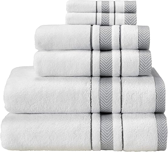 Bath Towel Set_White Towel For Bathroom, Luxury Hotel &Spa Quality, 100% Cotton .Includes 2 Large Bath Towels, 2 Hand Towels and 2 Washcloths.Super Soft, Absorbent & Decorative (White/Grey)