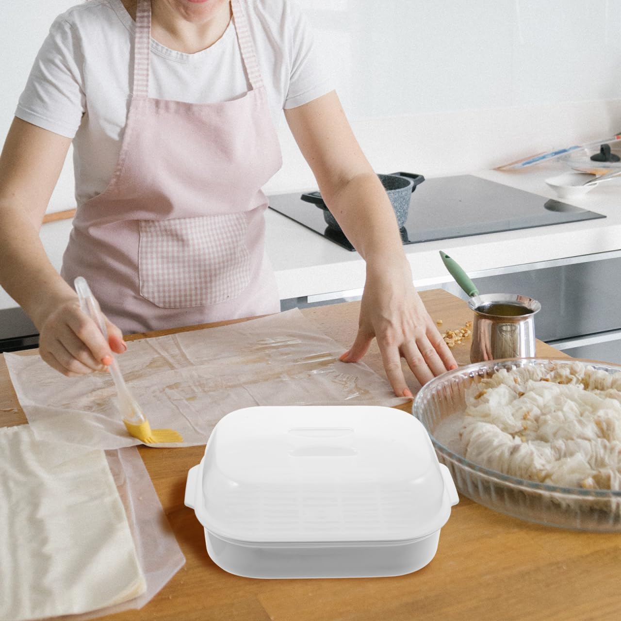 Microwave Oven Steamer for Steamed Buns Vegetable Dumpling Fish, Plastic Kitchen Cooking Heating Container Basket with Lid Cookware (Random Color, White/Green)