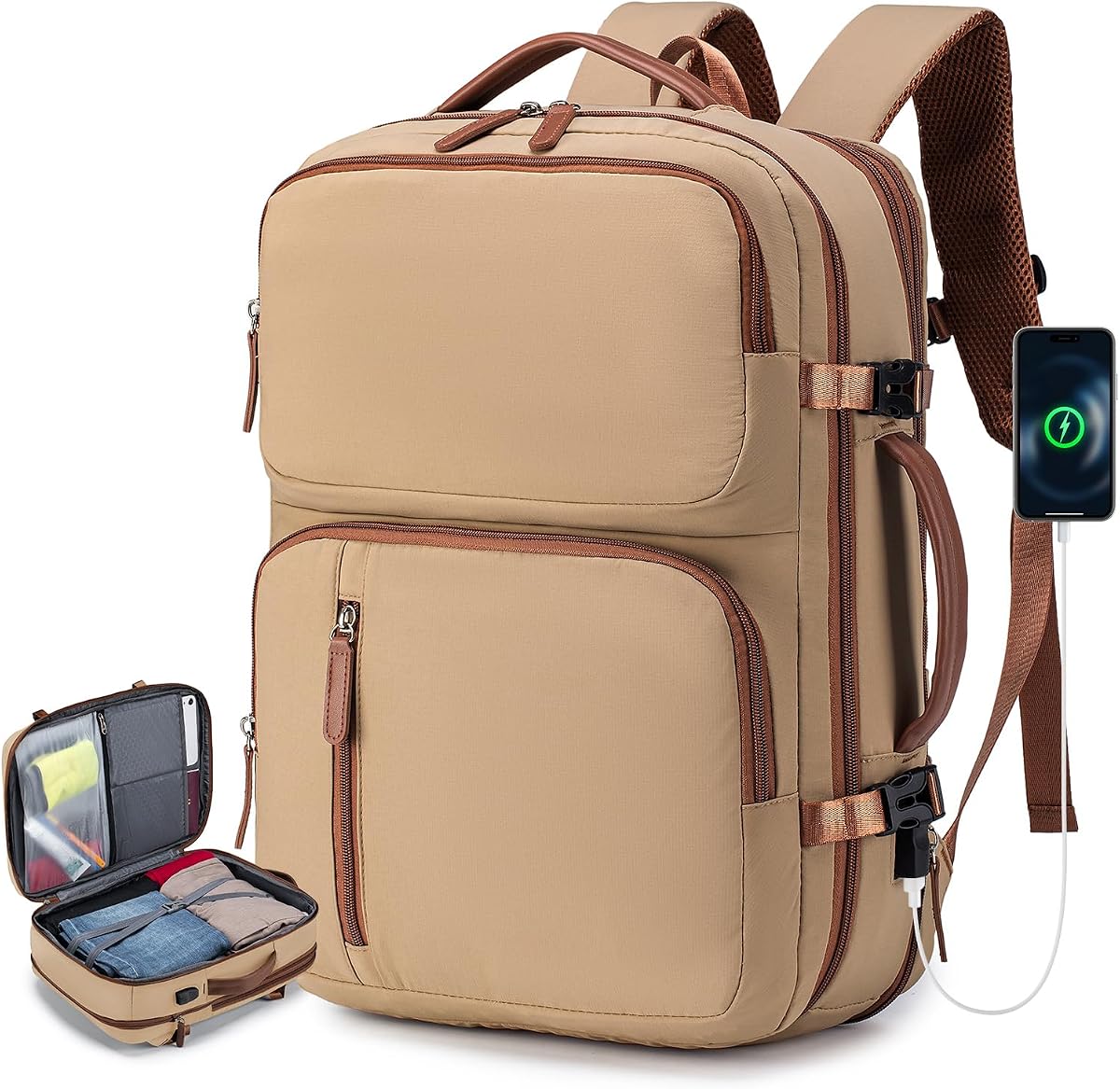 43x33x15cm Personal Item Bag Expandable 30L Travel Backpack 17x13x6 Inches Underseat Bag for Airlines Lightweight Carry on Luggage Water Resistant Flight Approved for College, Weekender Khaki