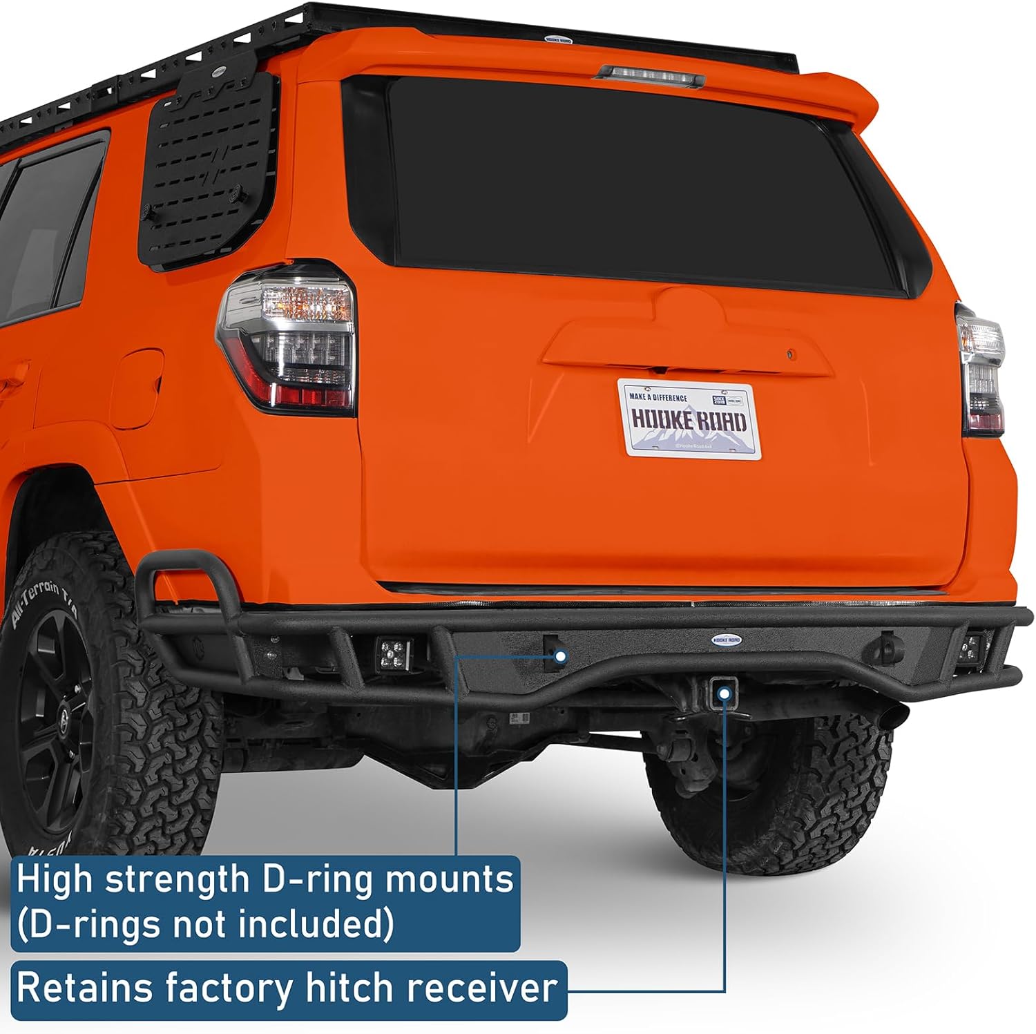 Hooke Road 4Runner Tubular Rear Bumper for 2010-2024 Toyota 4Runner 5th Gen, Offroad Steel Back Bumper with LED Lights and D-ring Mounts