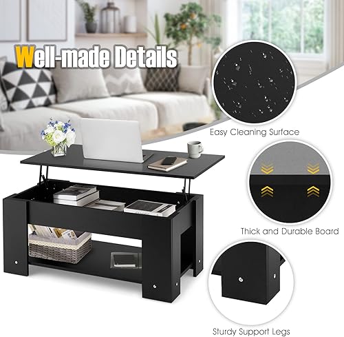 Miniatura 6 de Giantex Mesa auxiliar elevadora mesa de cóctel moderna con compartimento oculto y estante de almacenamiento abierto mesa central abatible mesa de