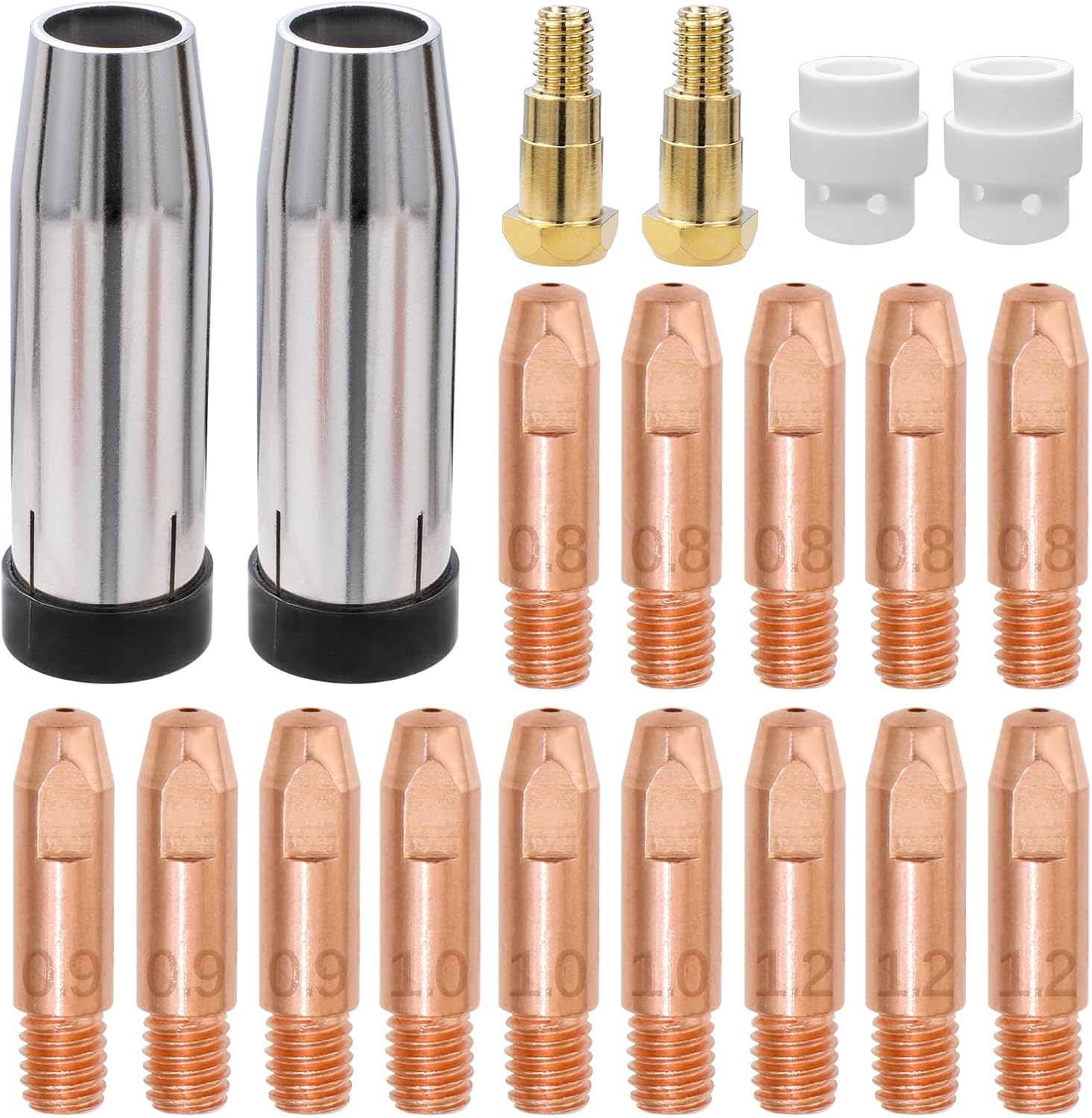 MIG Welder MB 24KD MIG Welding Gun Accessory Kit 20PCS Contact Tip 0.8MM 0.9MM 1.0MM 1.2MM M6 Tips Holder Difuser Gas Nozzles Ceramic Shunt Welder Replacement Parts for MIG MB24KD Welding Torch