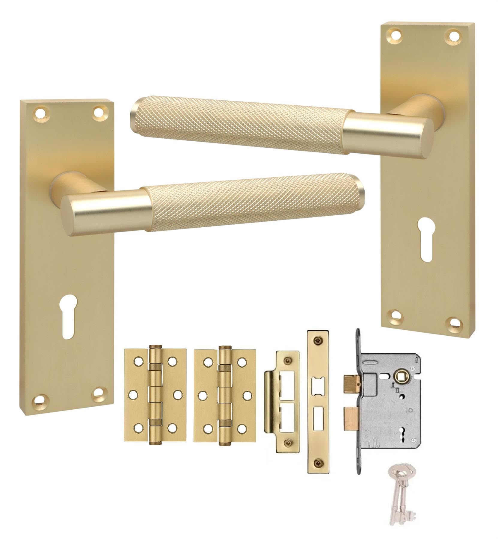 Golden Grace T-Bar Knurled Lock Door Handle, Satin Brushed Brass
