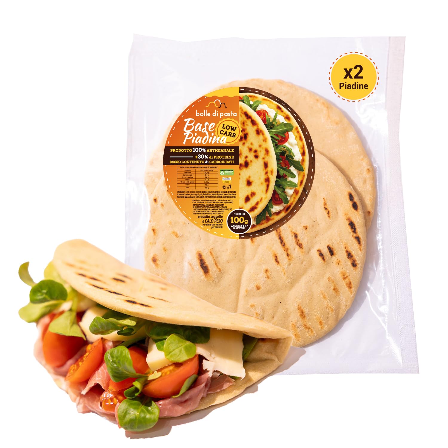 Bolle di Pasta® Base Piadina Low Carb Keto – Piadine Proteiche 100 g – +30% Proteine, Basso Contenuto di Carboidrati – Ideale per Dieta Low Carb e Chetogenica – Piadina Artigianale (3 Confezioni)