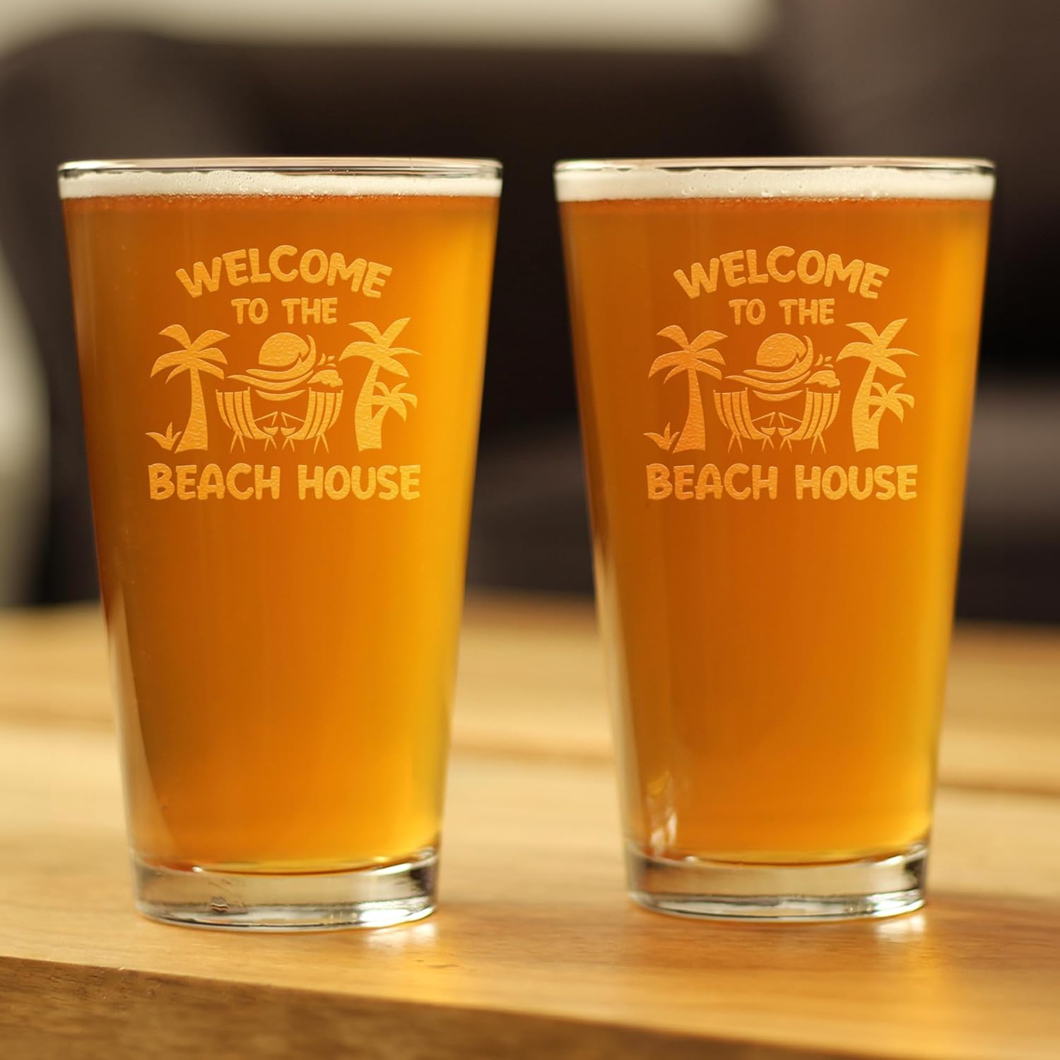 Bevvee Welcome To The Beach House - Pint Glass for Beer - Coastal Decor for Home - Set of 2-16 oz Glasses