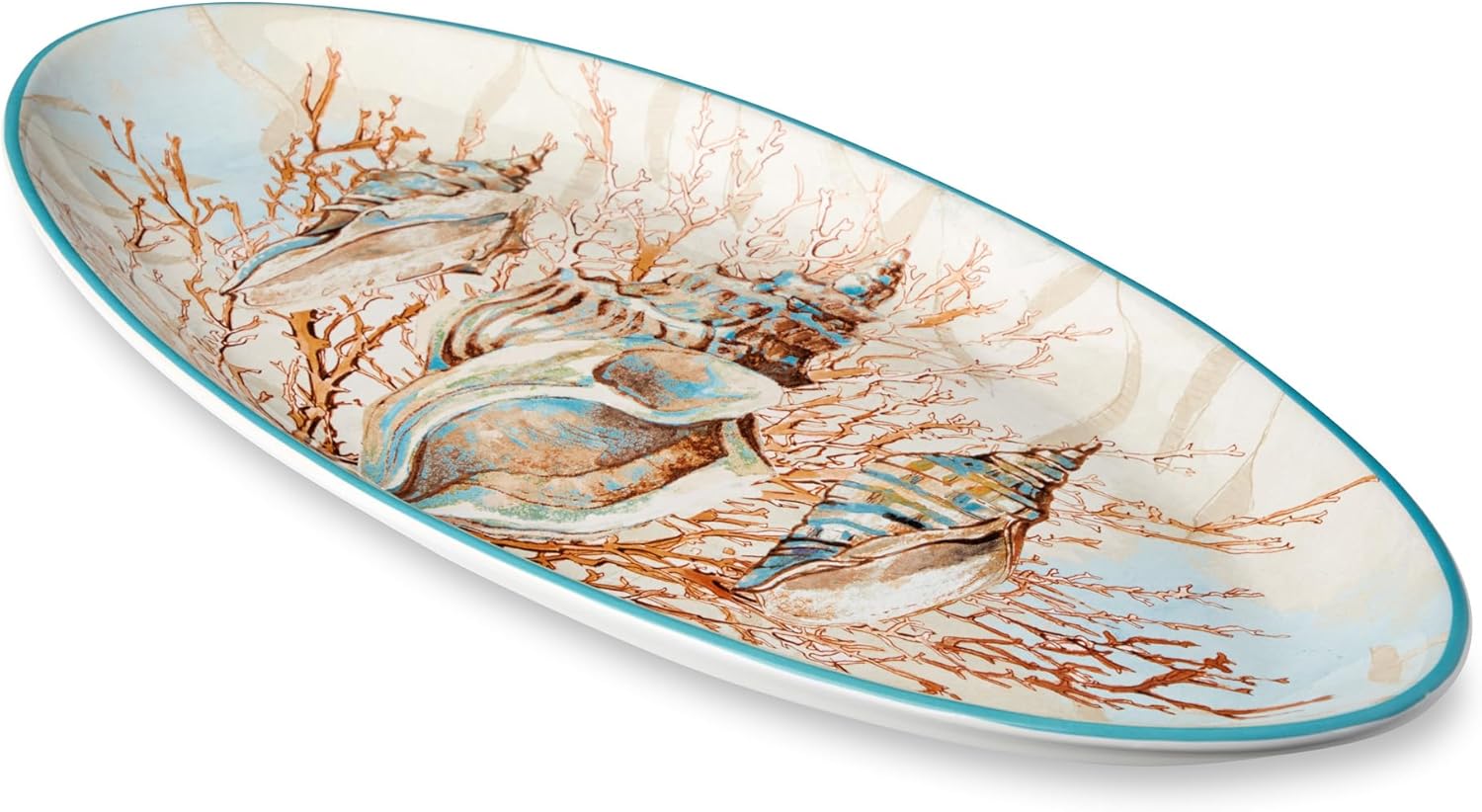 Escape to the Sea 19.5x8.5-Inch Fish Platter, Coastal Seashell & Coral Design, Durable Ceramic, Dishwasher Safe, Elegant Ocean-Inspired Serving Tray for Seafood, Appetizers & Desserts