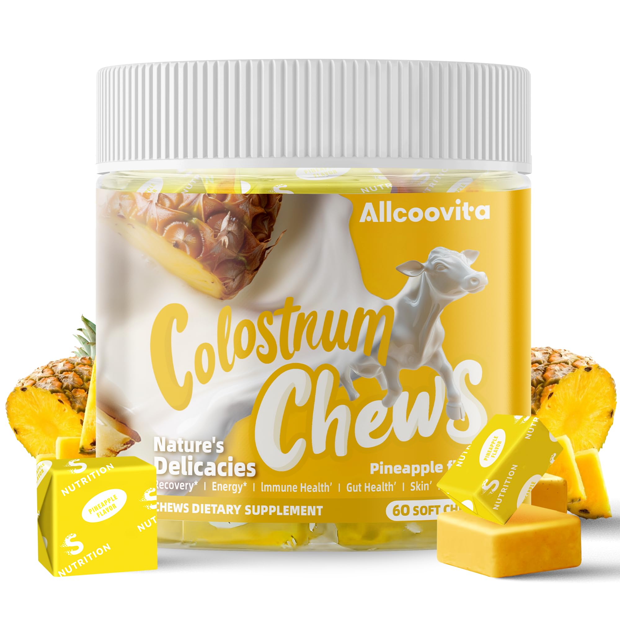 Allcoovita Bovine Colostrum Chews Supplement with probiotics for Gut Health, Bloating, Immune Support, Skin, Hair Growth and Beauty - Pineapple Flavor (60 Servings)