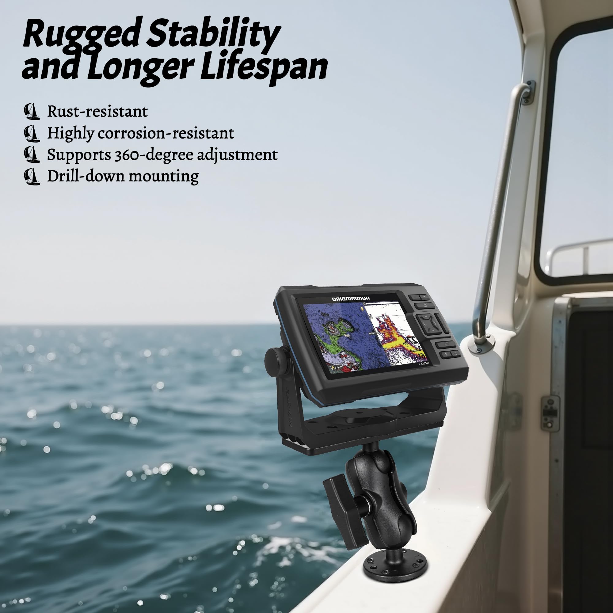 Support de détecteur de poissons avec boule de 38 mm de taille C, bras en aluminium de 8,7 cm, support de détecteur de profondeur, haute résistance à l'eau salée, compatible avec Garmin