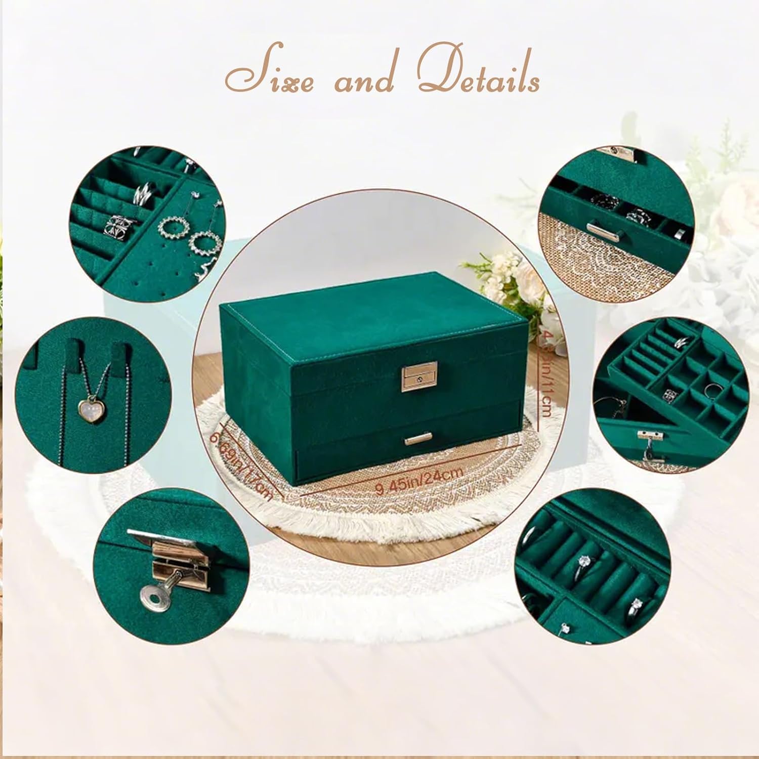 Personalized Velvet Jewelry Box with Drawer, Custom Name & Floral Design Jewelry Case Box For Women Ring Necklace Earring Holder Organizer with lock, Christmas & Birthday Gifts